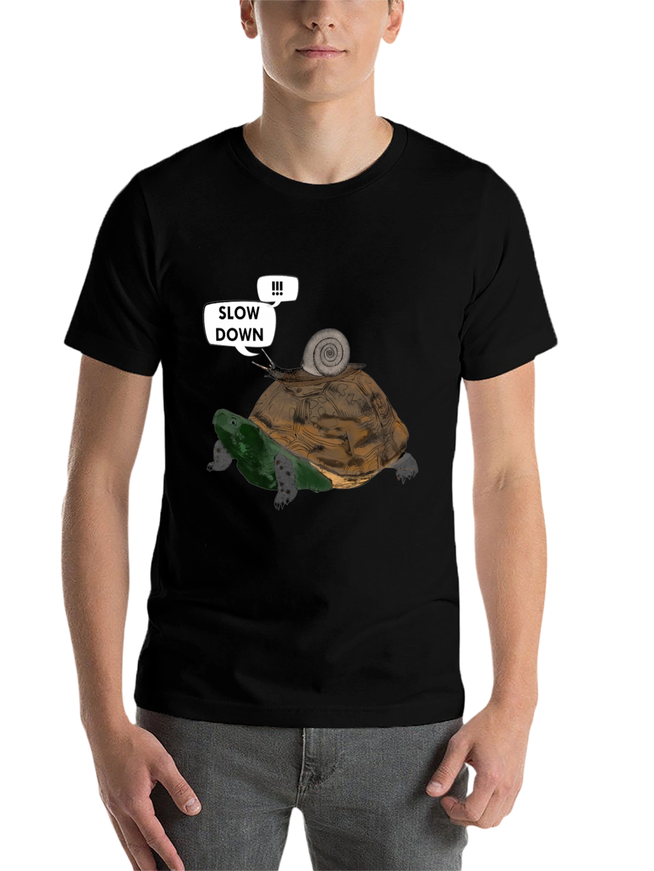 Black Slow Down Funny Turtle and Snail Graphic T-Shirt view 7