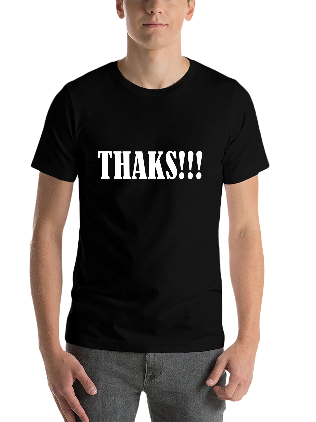 Black Humorous "Thaks!!!" Graphic Tee - Casual Black T-Shirt view 7