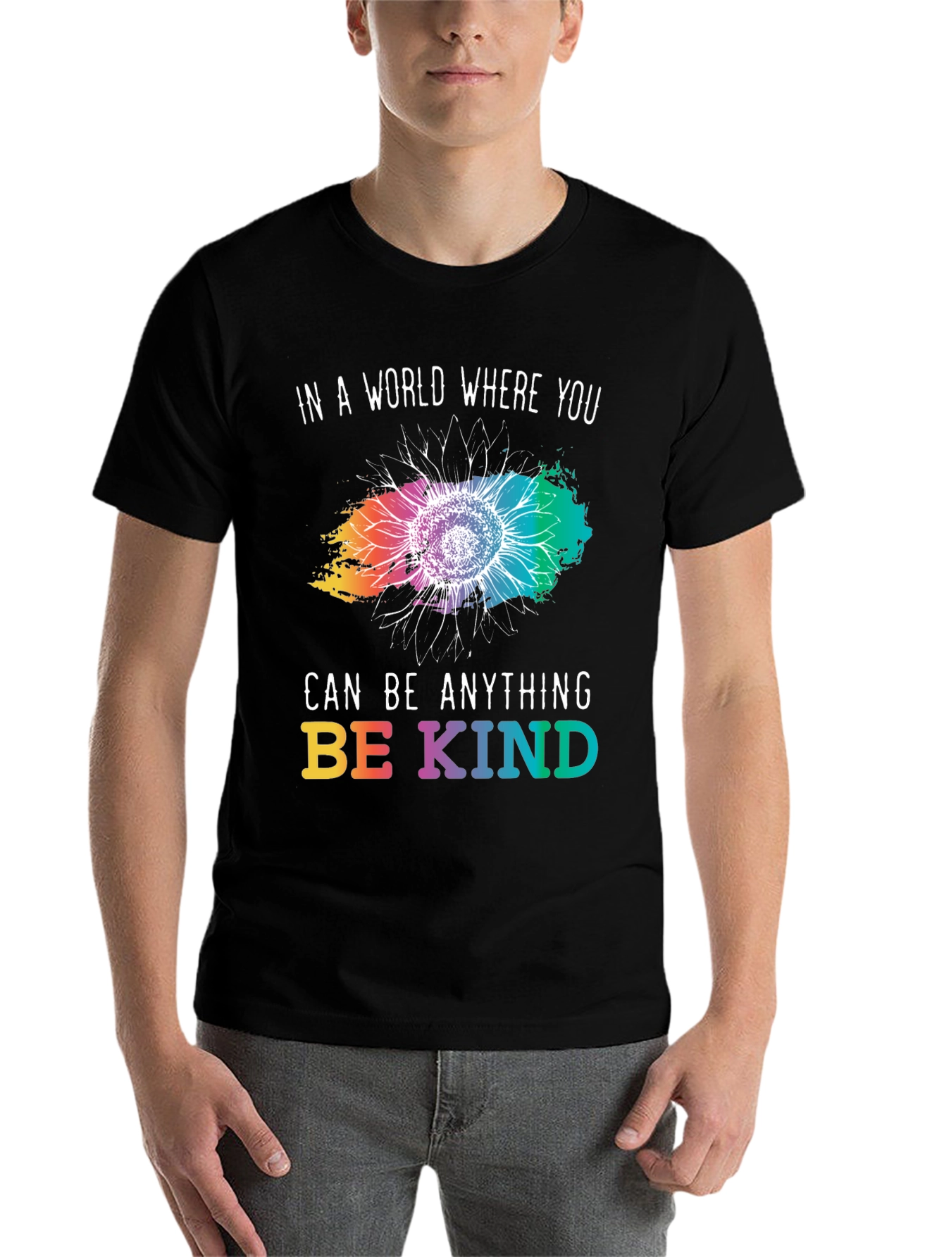 Black Be Kind T-Shirt - Rainbow Sunflower Design view 7