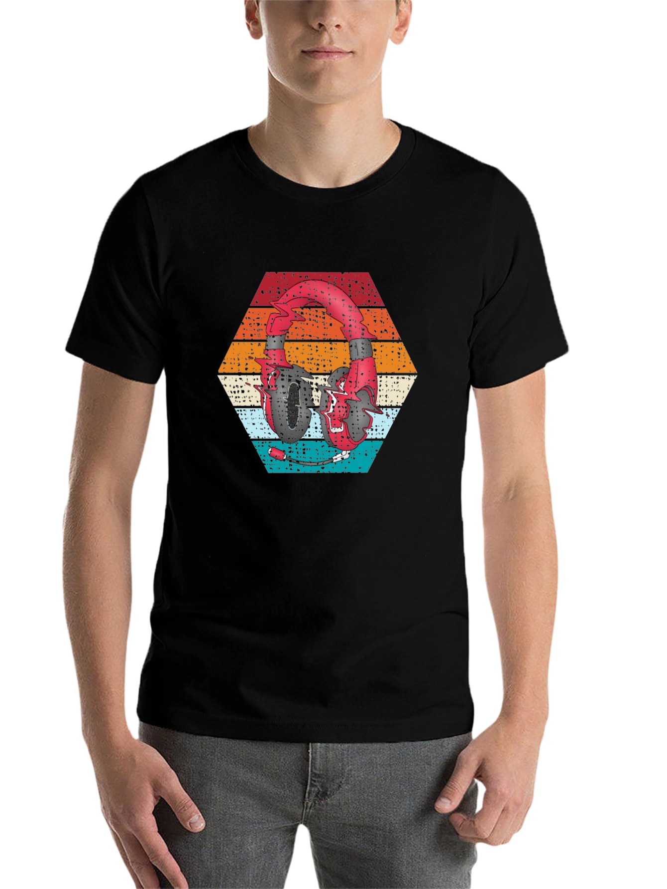 Black Retro Headphones Graphic Tee view 7
