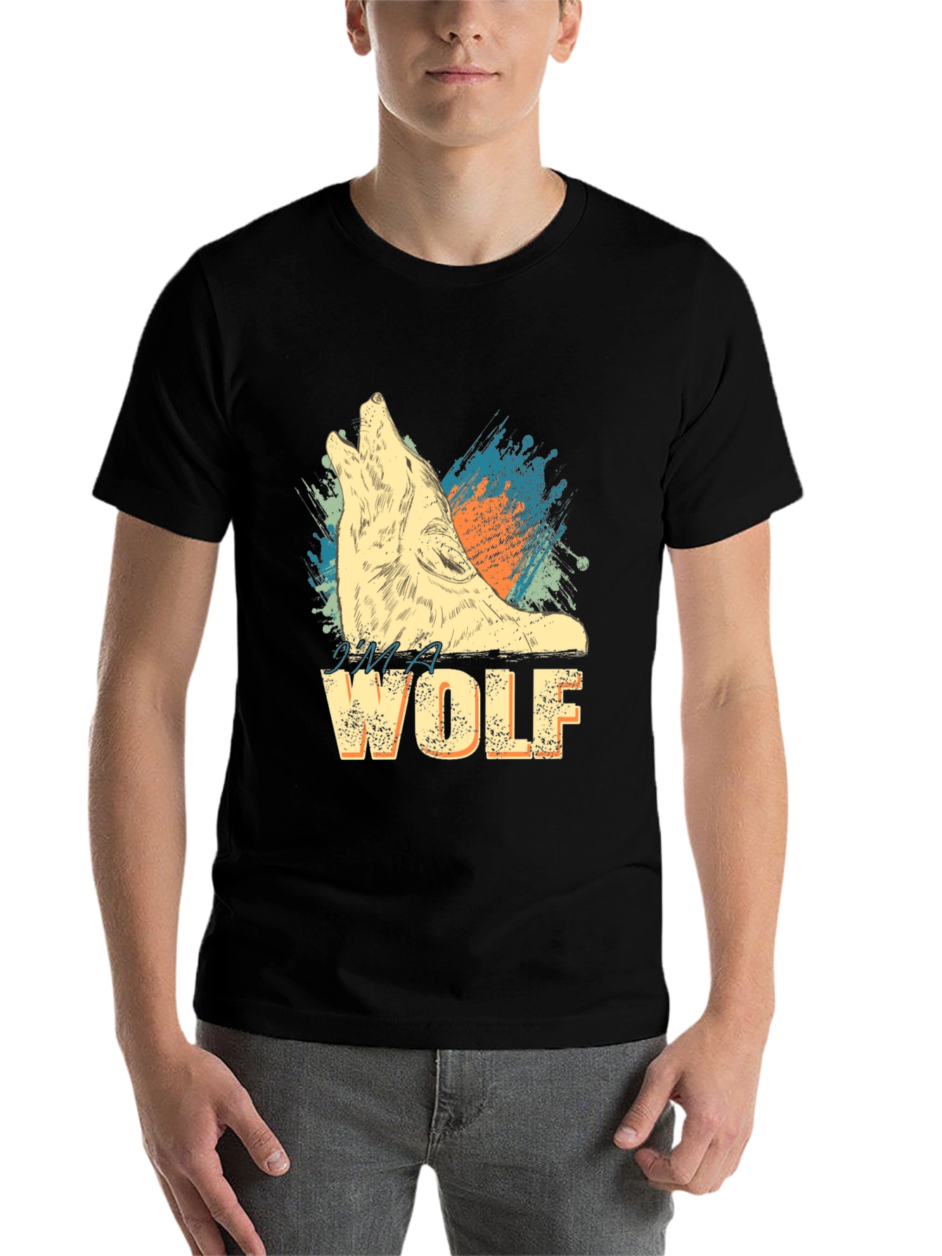 Black I'm A Wolf Graphic Print Crew Neck T-Shirt view 7