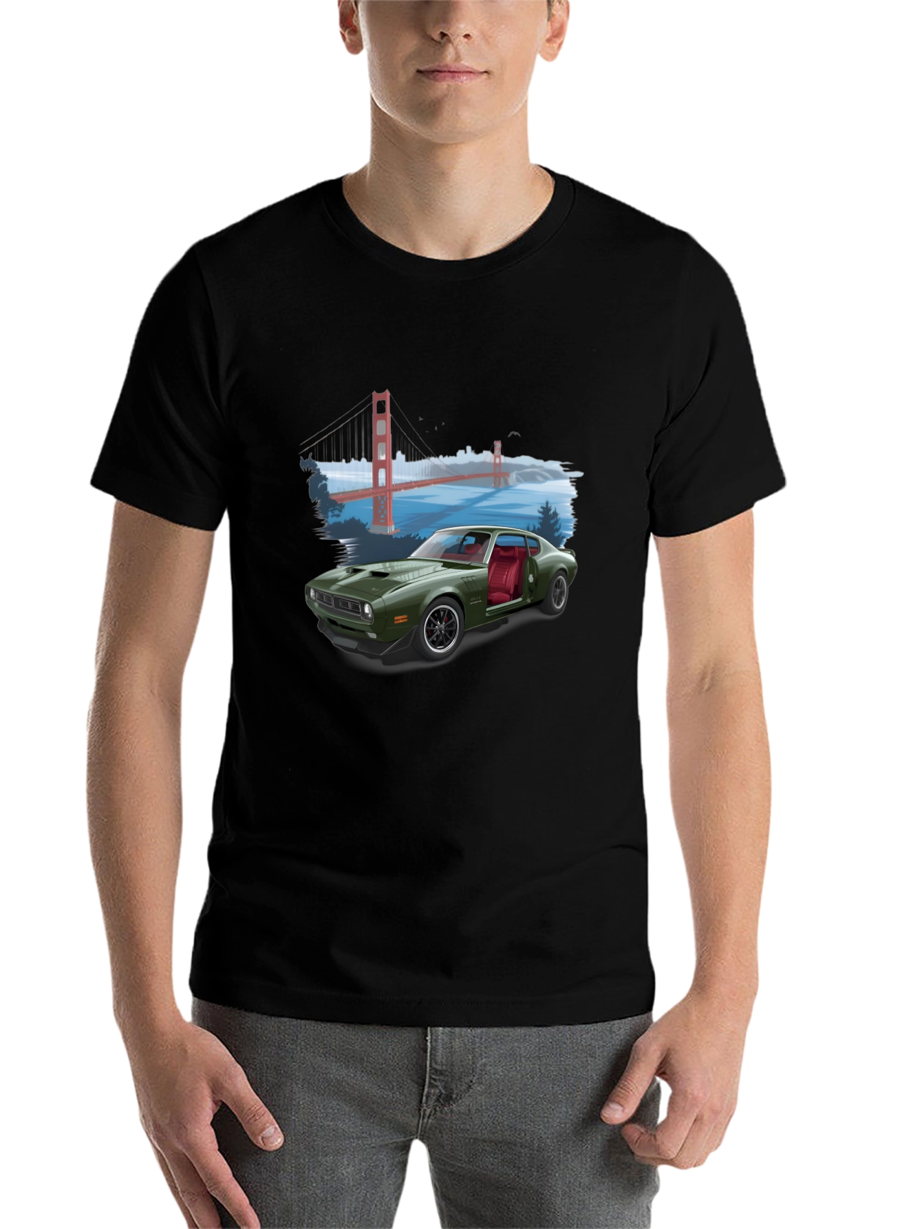 Black Retro Car & Bridge T-Shirt - Unique Graphic Tee view 7