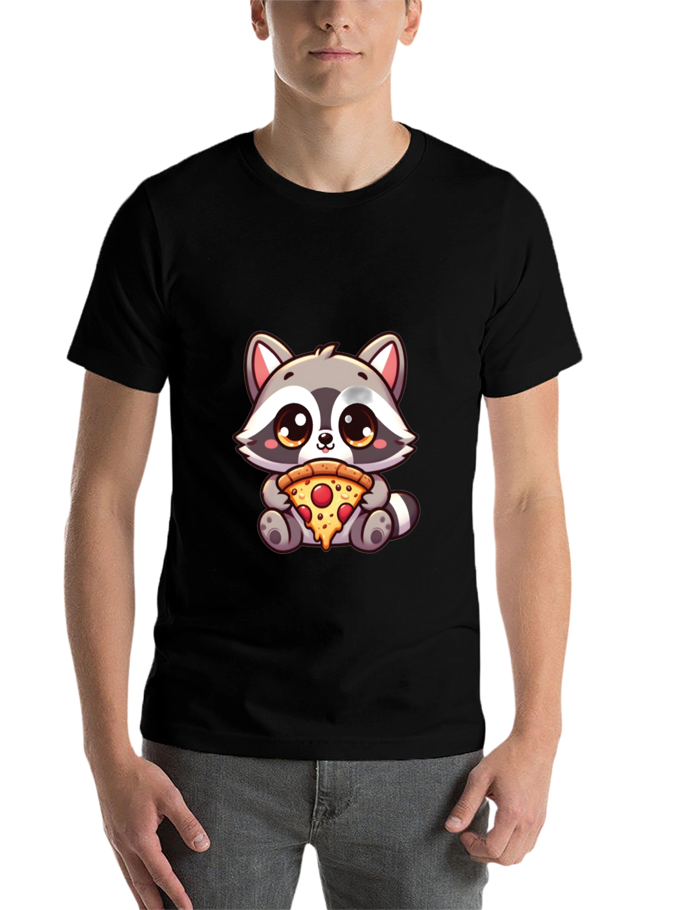 Black Cute Raccoon Pizza T-Shirt - Unisex Graphic Tee view 7