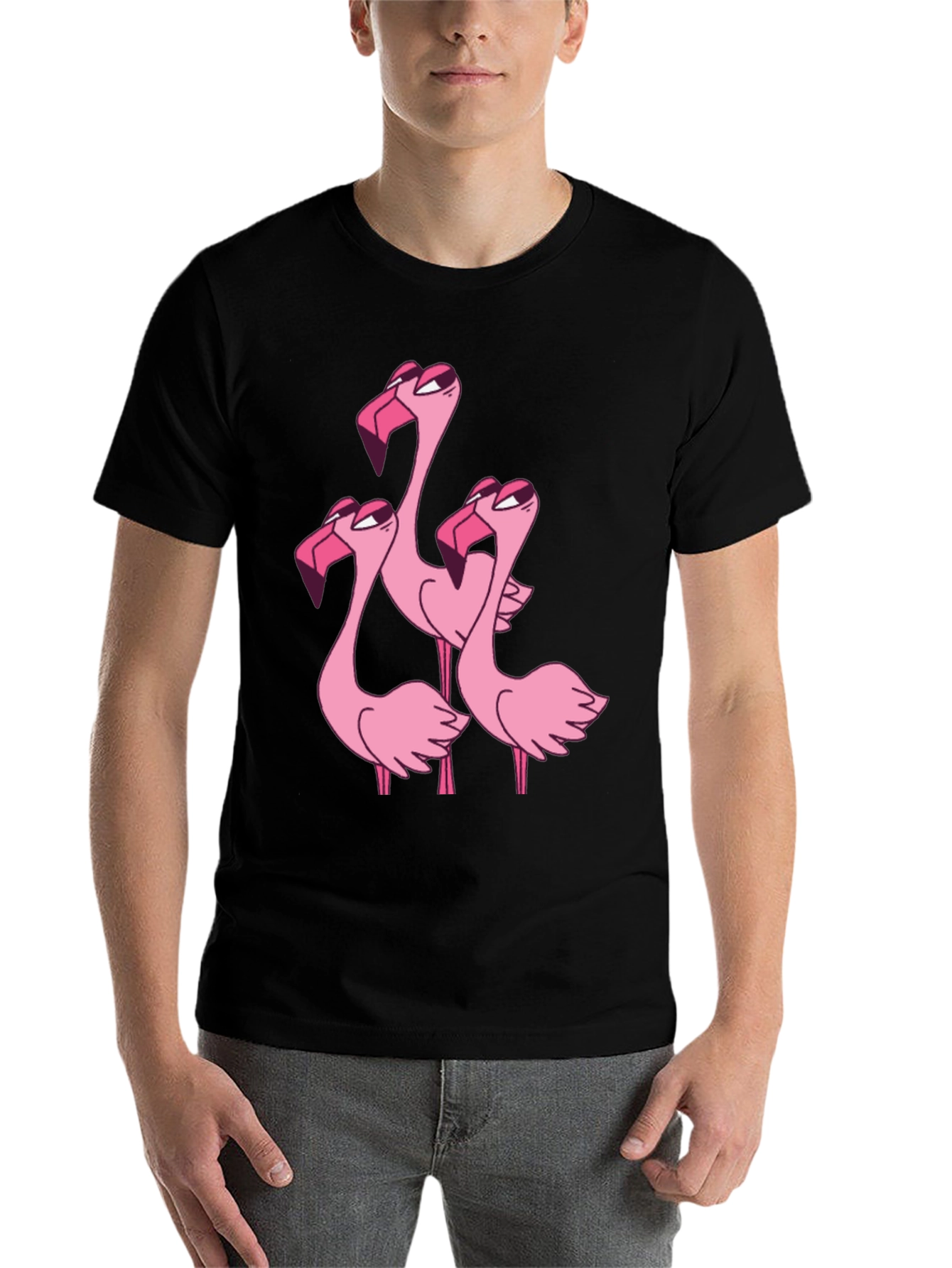 Black Flamingo Cartoon Graphic Black T-Shirt view 7