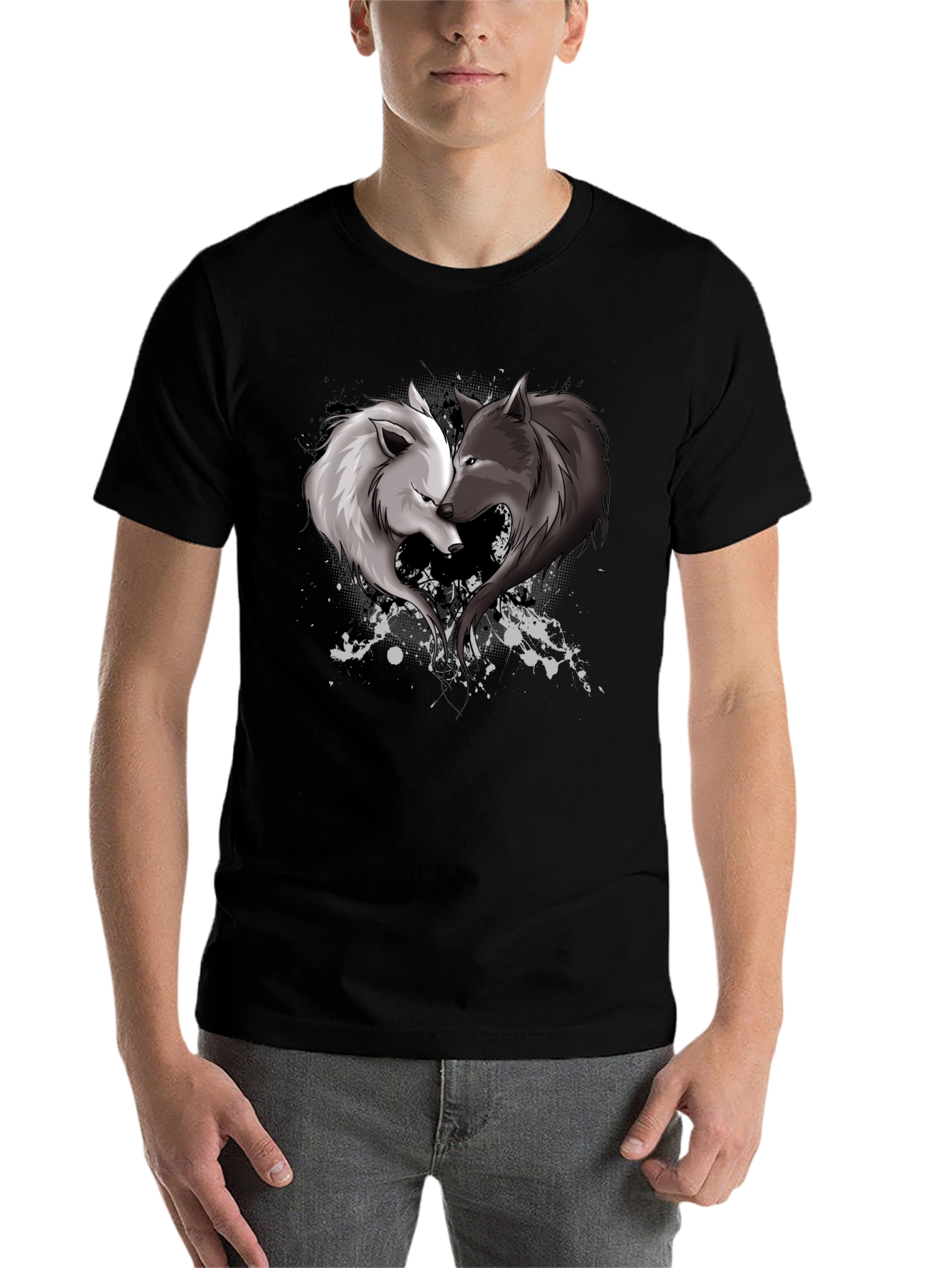 Black Yin Yang Wolves Heart Graphic T-Shirt view 7