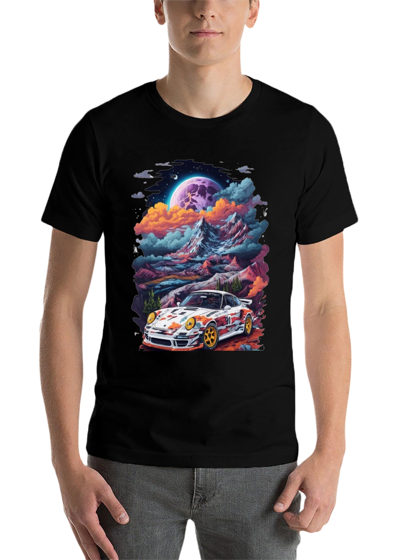 Black Retro Racer T-Shirt: Car & Mountain Design view 7