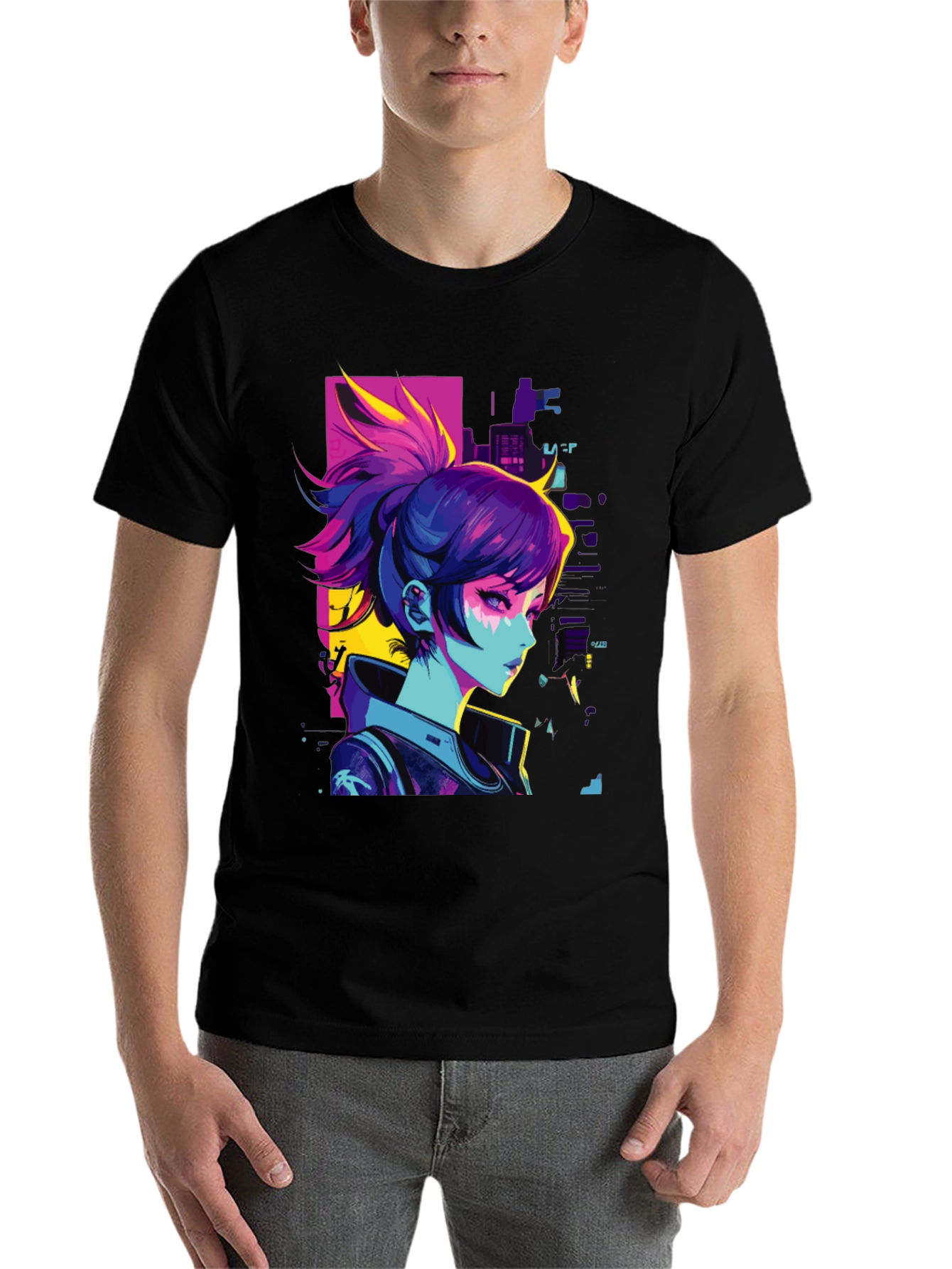 Black Cyberpunk Anime Girl Graphic Black T-Shirt view 7