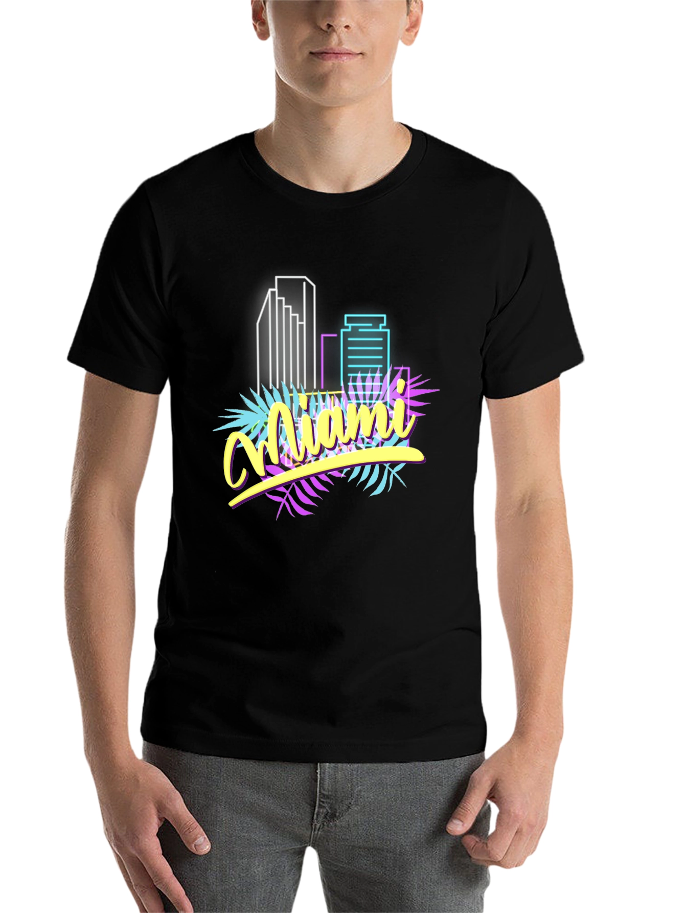 Black Miami Vice Style Graphic T-Shirt - Retro Neon Design view 7