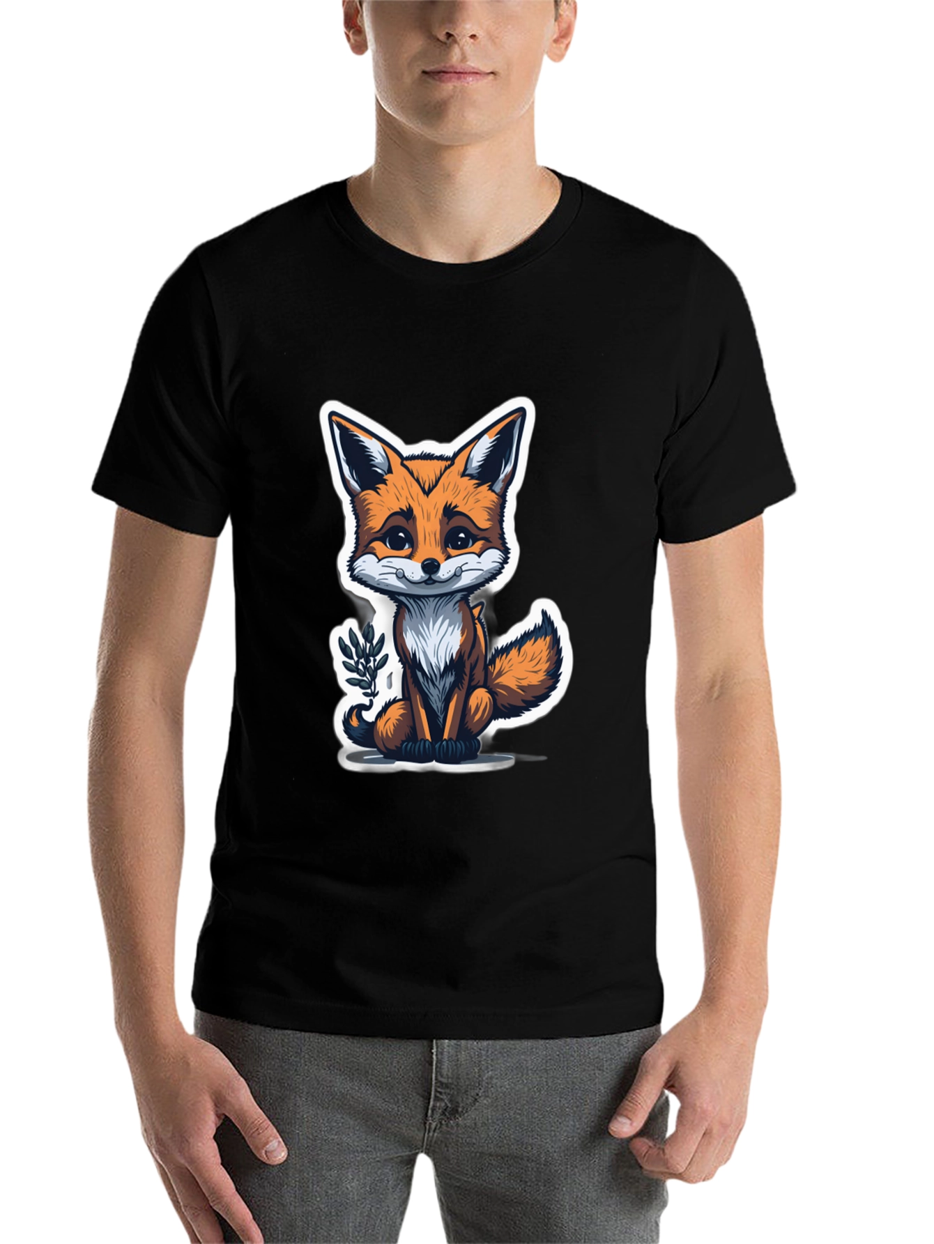 Black Cute Fox Graphic Tee - Soft Cotton Blend view 7