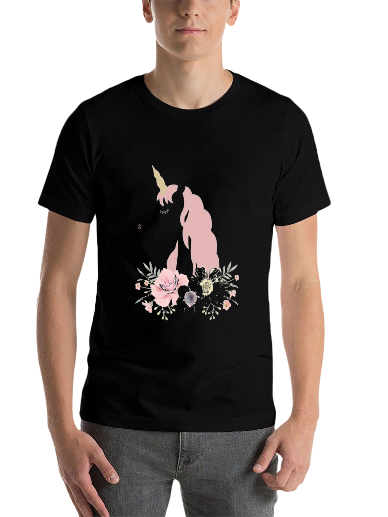 Black Floral Unicorn Black T-Shirt view 7