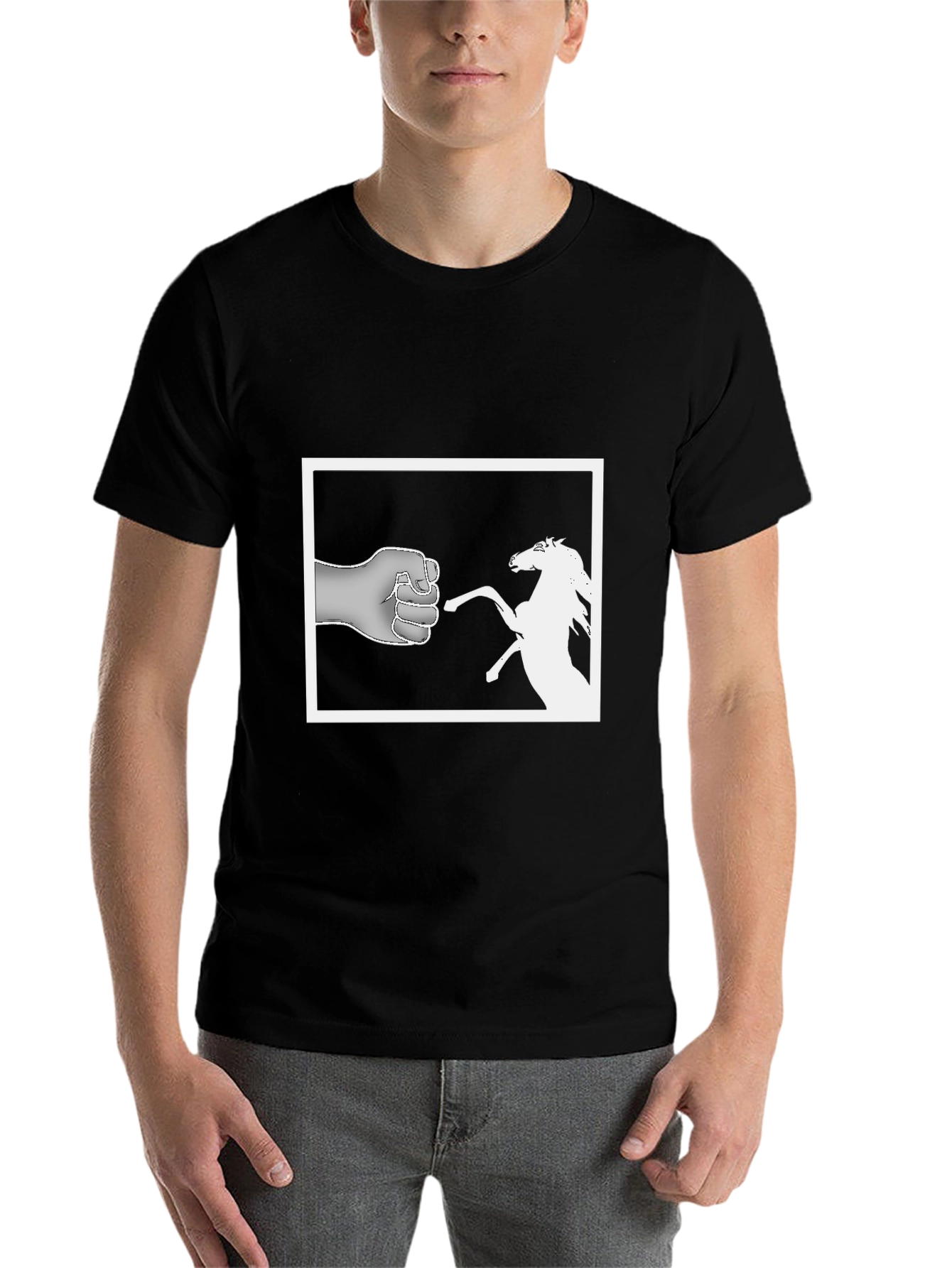 Black Humorous Fist Horse Tee - Novelty Graphic T-Shirt view 7
