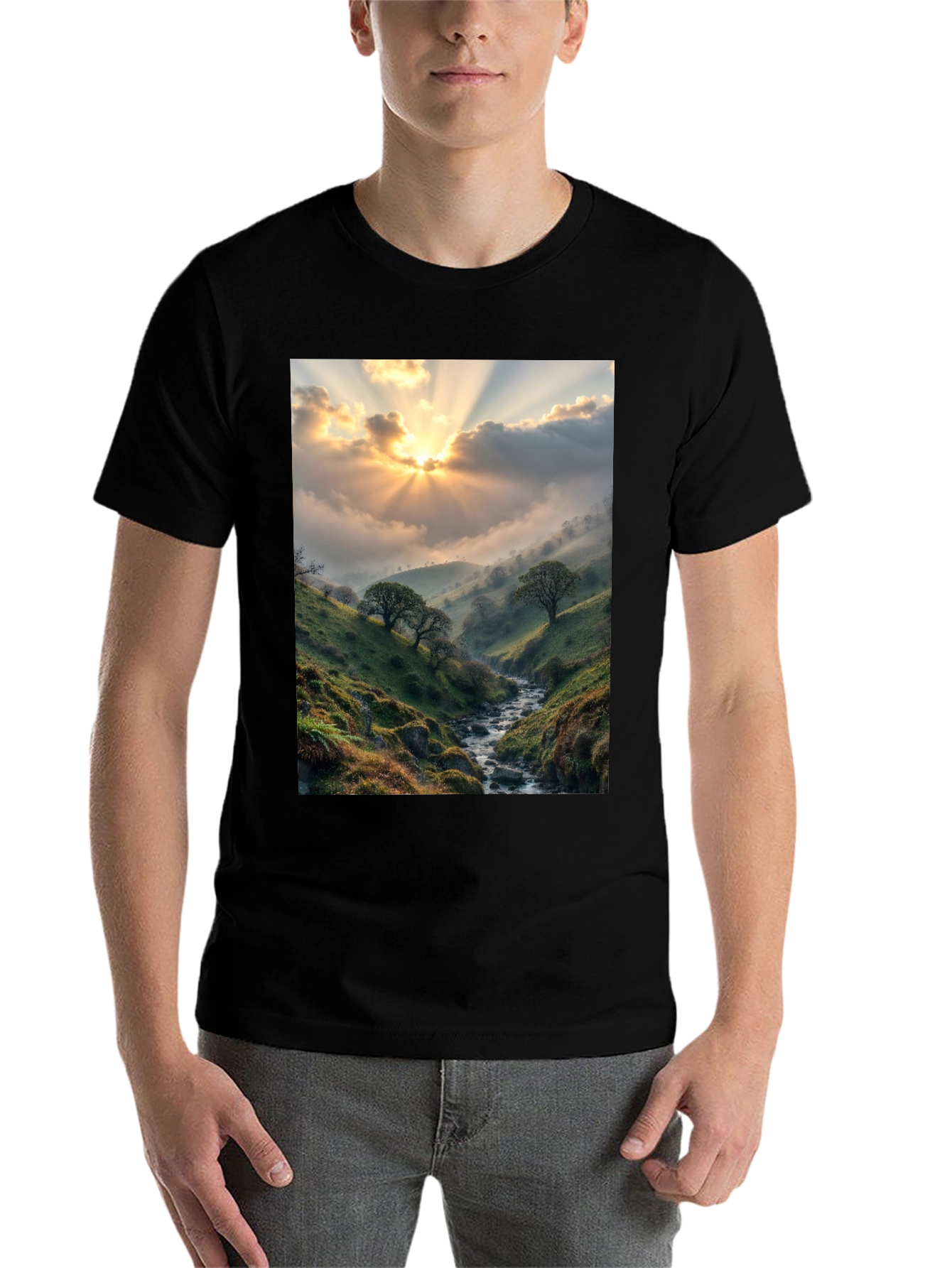Black Sunlit Valley T-Shirt - Nature Scenery Tee view 7