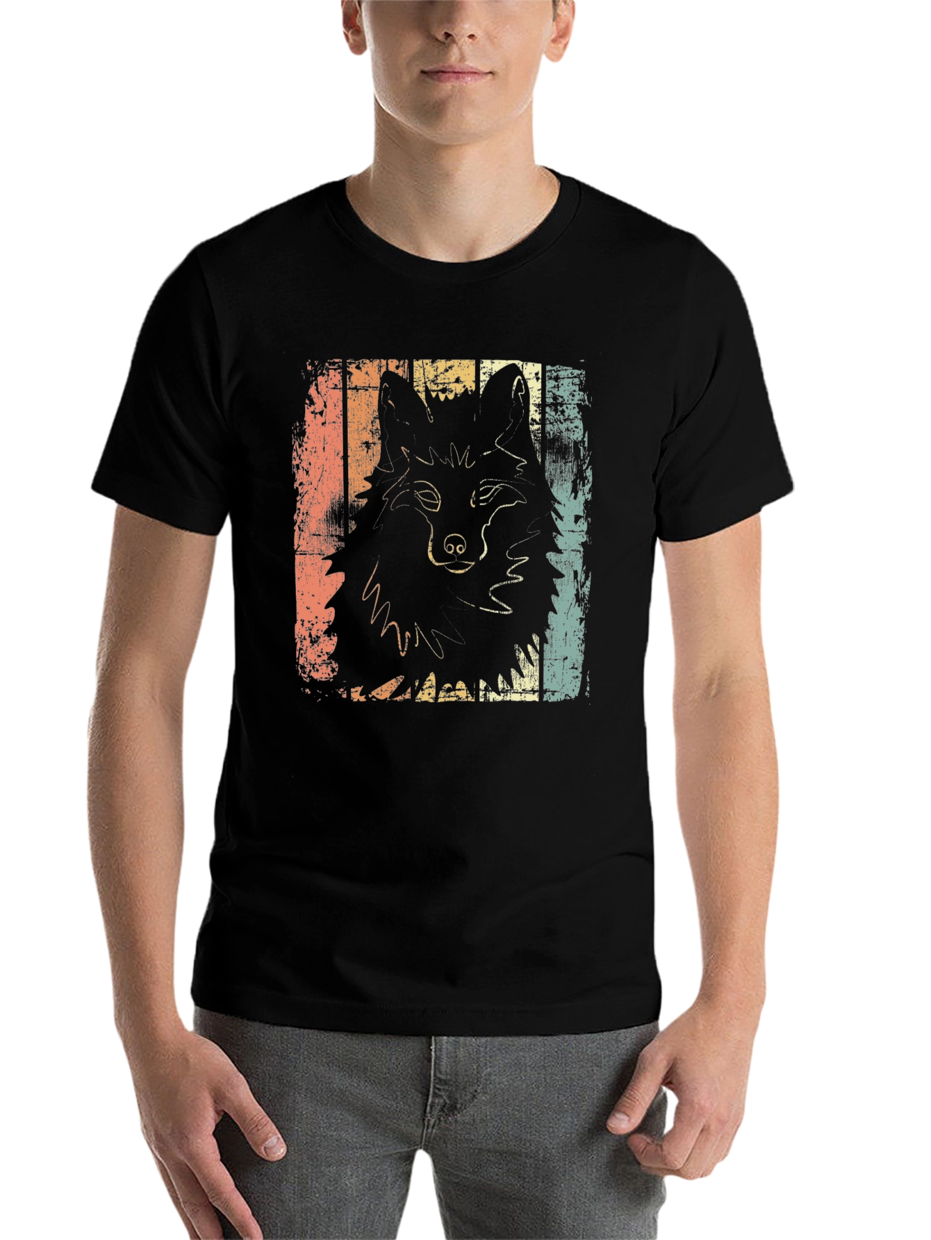Black Retro Wolf Graphic Tee - Distressed Style view 7