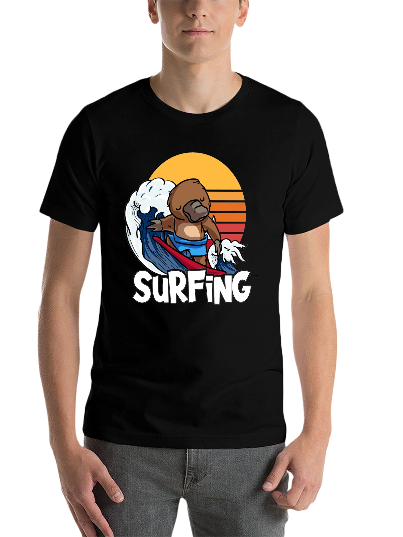 Black Surfing Platypus T-Shirt - Retro Wave Design view 7