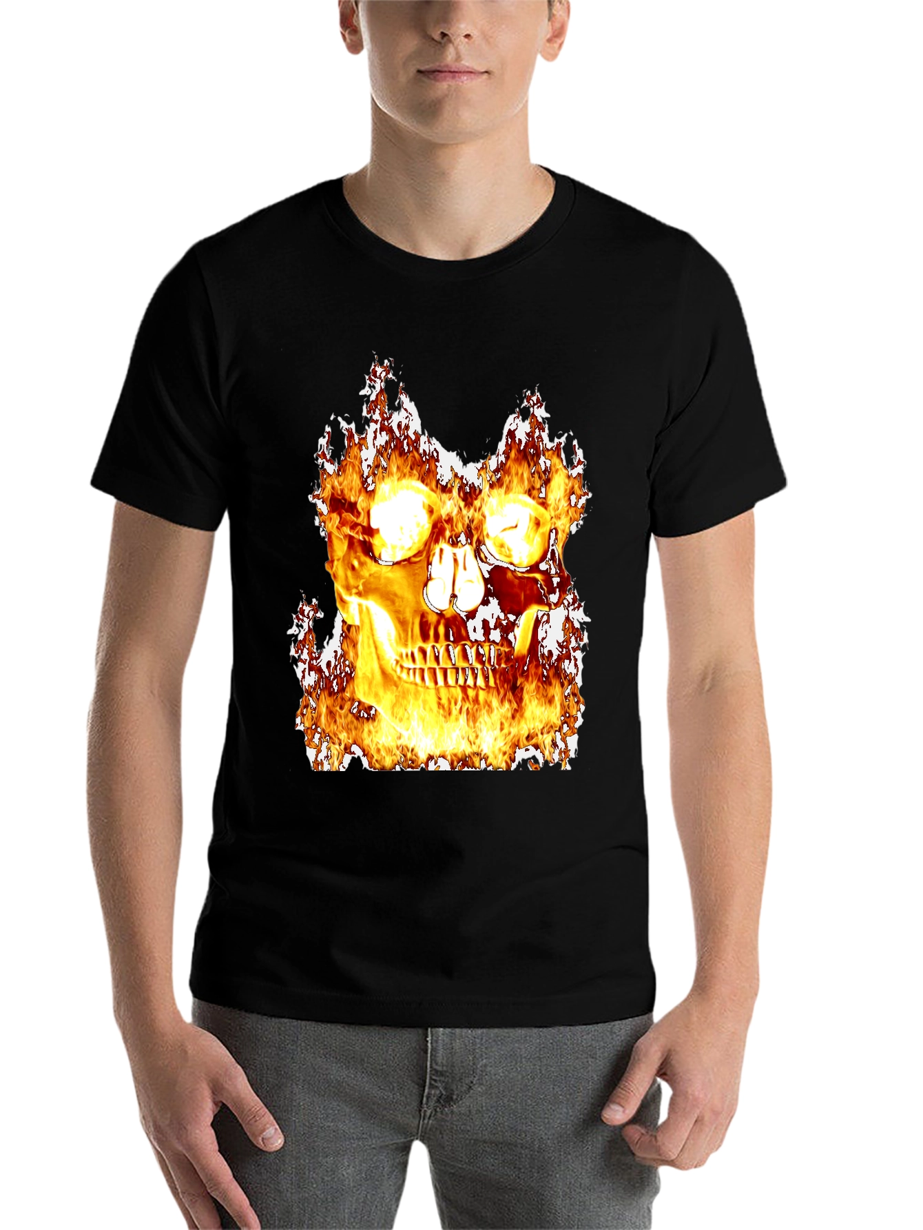 Black Fiery Skull Graphic Black T-Shirt view 7