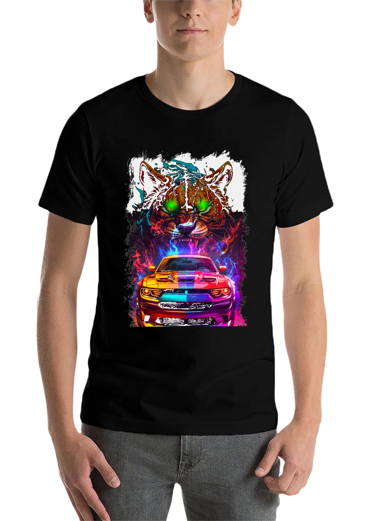 Black Car and Cat Graphic Tee - Cool Design view 7