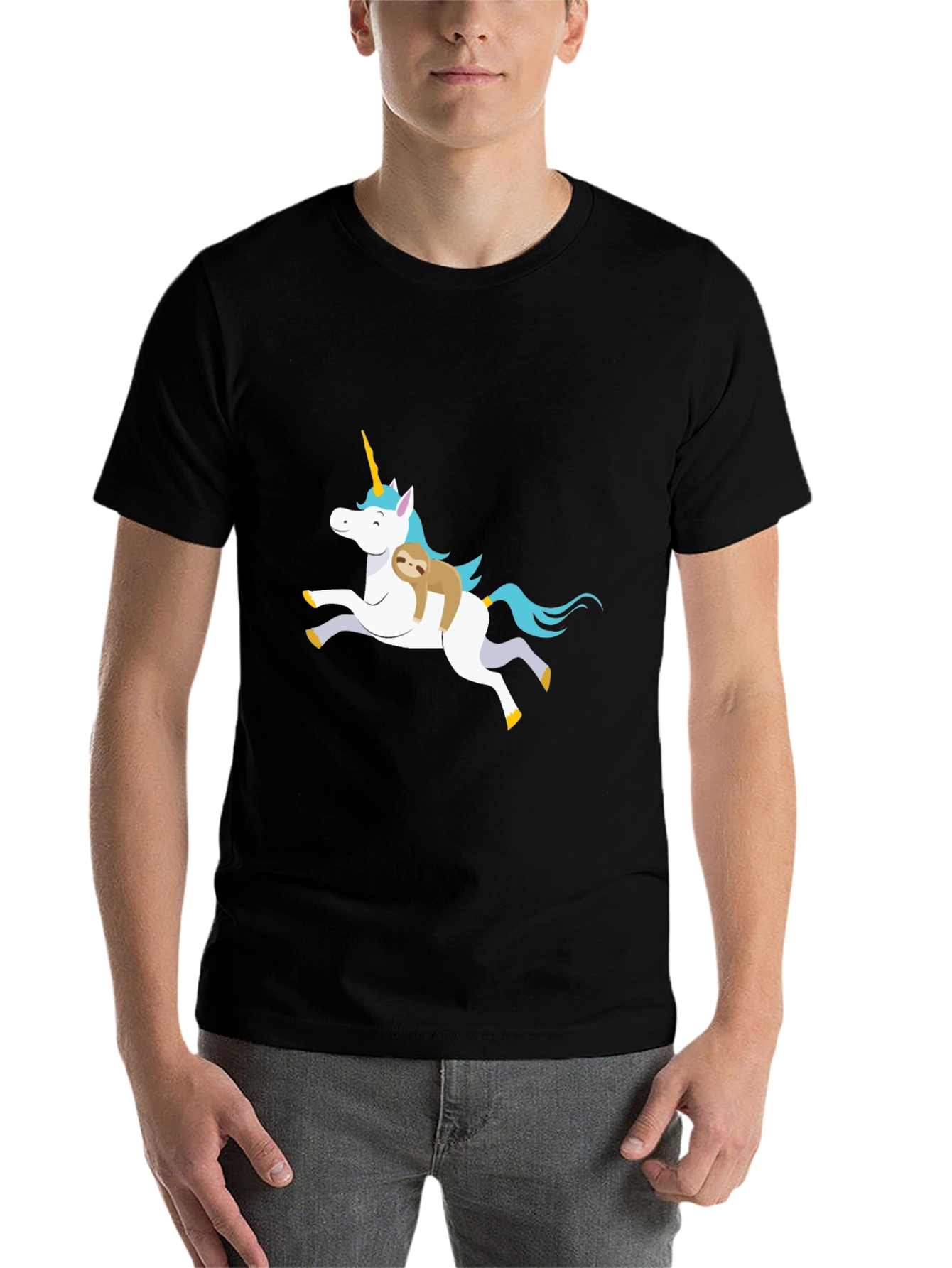 Black Unicorn Sloth Graphic T-Shirt, Black view 7