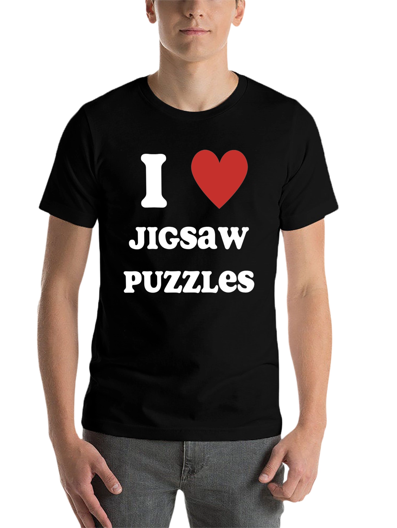 Black I Heart Jigsaw Puzzles T-Shirt - Black Cotton Tee view 7