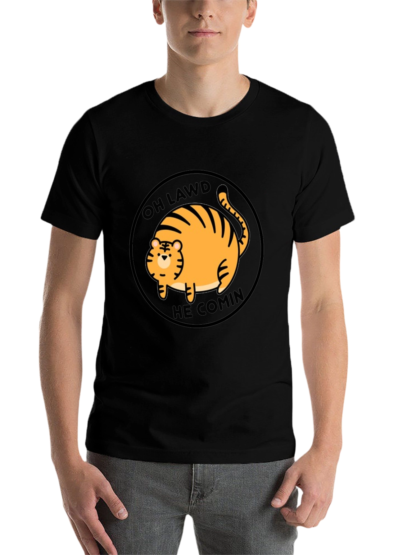 Black Oh Lawd He Comin' Cat T-Shirt - Funny Round Orange Tabby Tee view 7