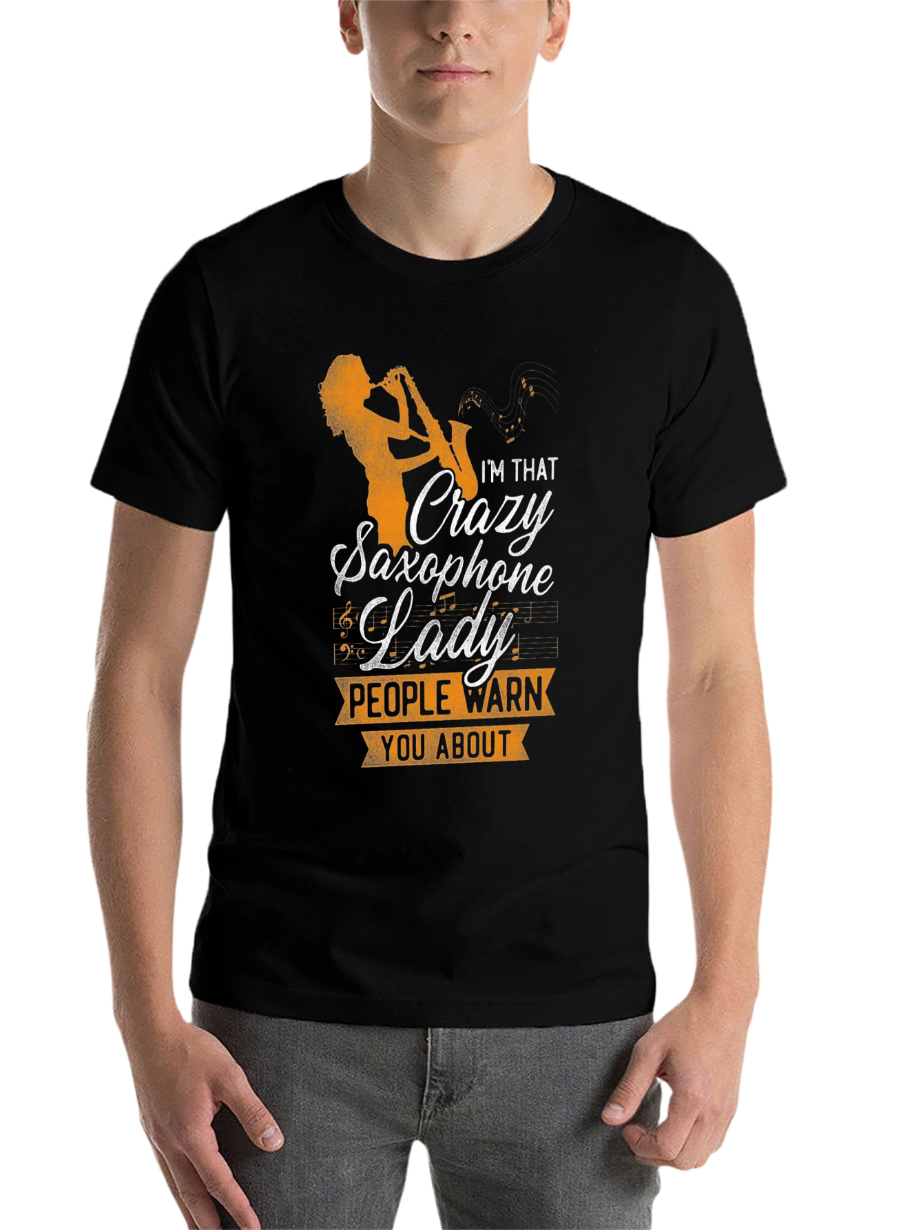 Black Crazy Saxophone Lady Graphic T-Shirt view 7