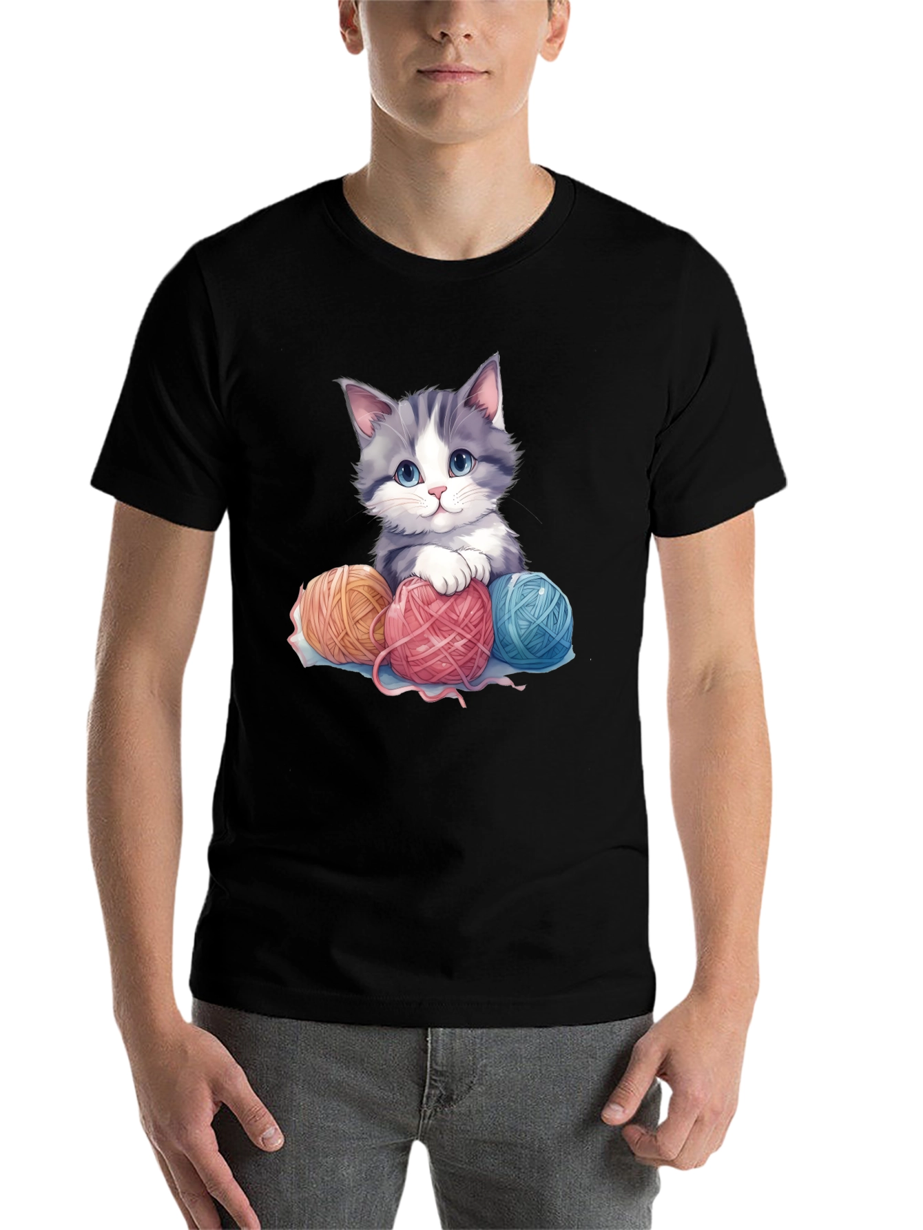 Black Cute Kitten & Yarn Balls Graphic Tee view 7