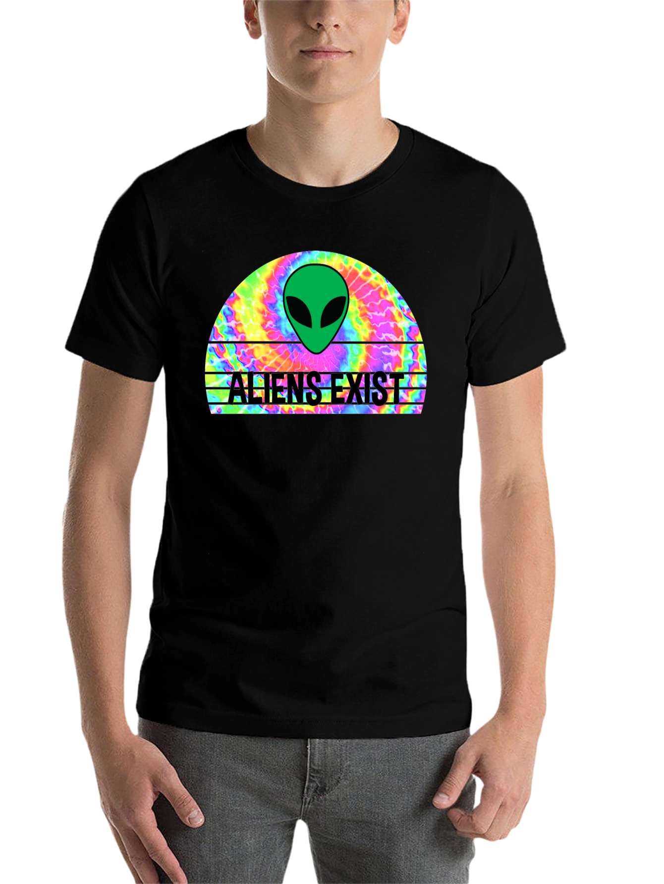 Black Aliens Exist Graphic T-Shirt - Retro Tie Dye Design view 7