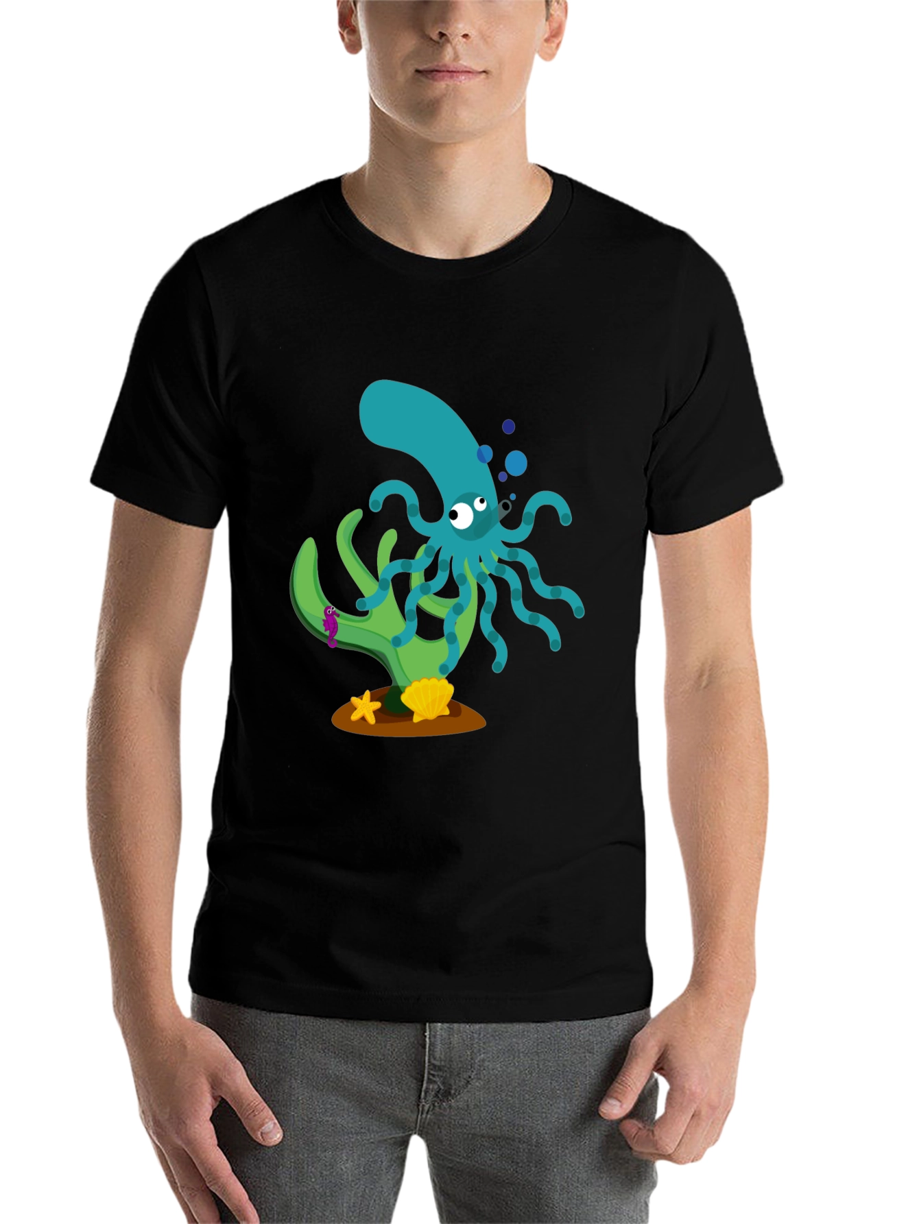 Black Cartoon Octopus Graphic Print Black T-Shirt view 7