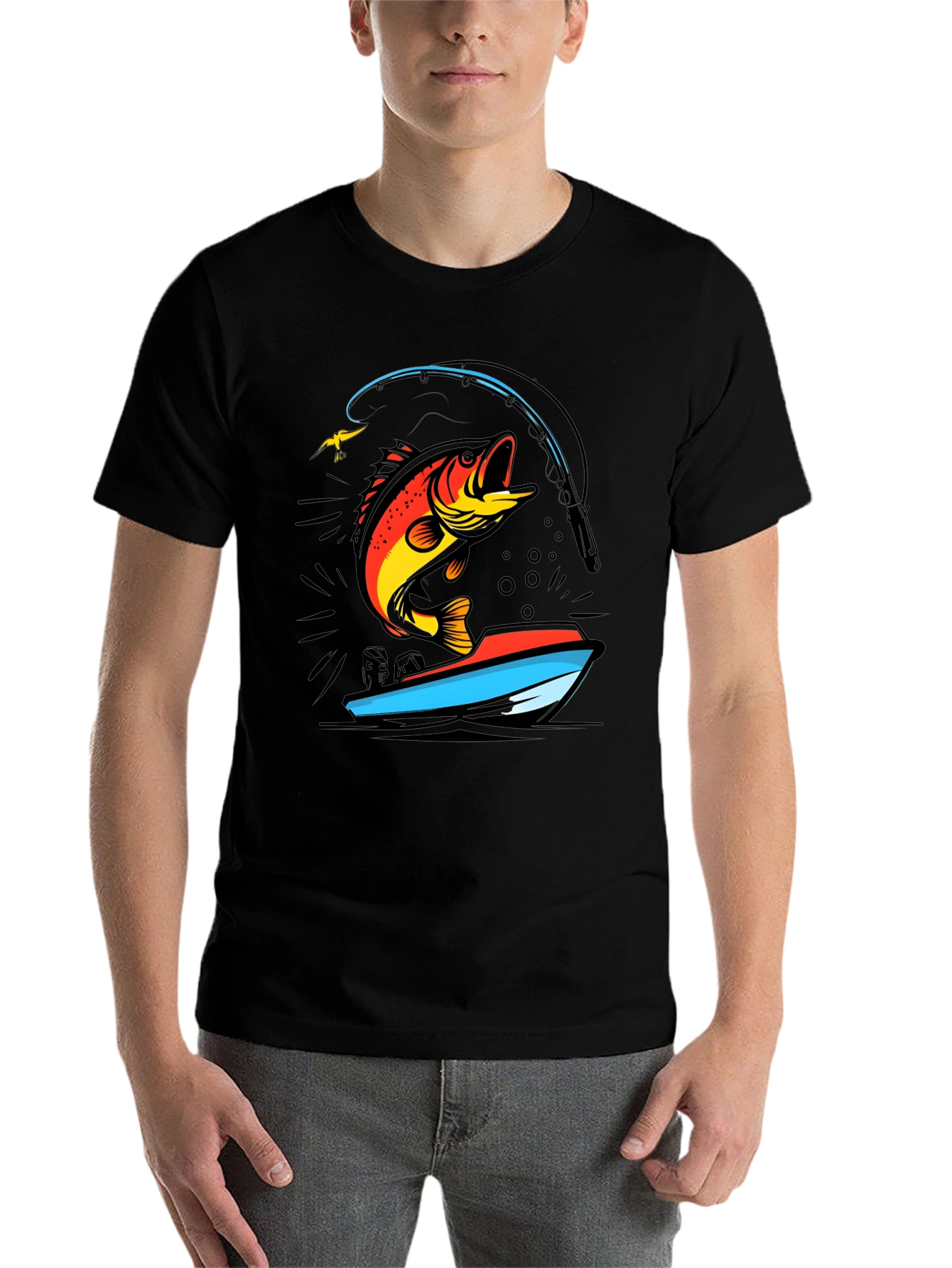 Black Fishing T-Shirt: Bass Jumping From Boat view 7