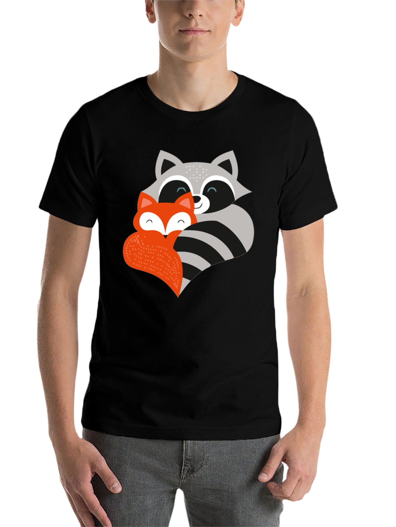 Black Cute Fox and Raccoon Graphic Tee view 7