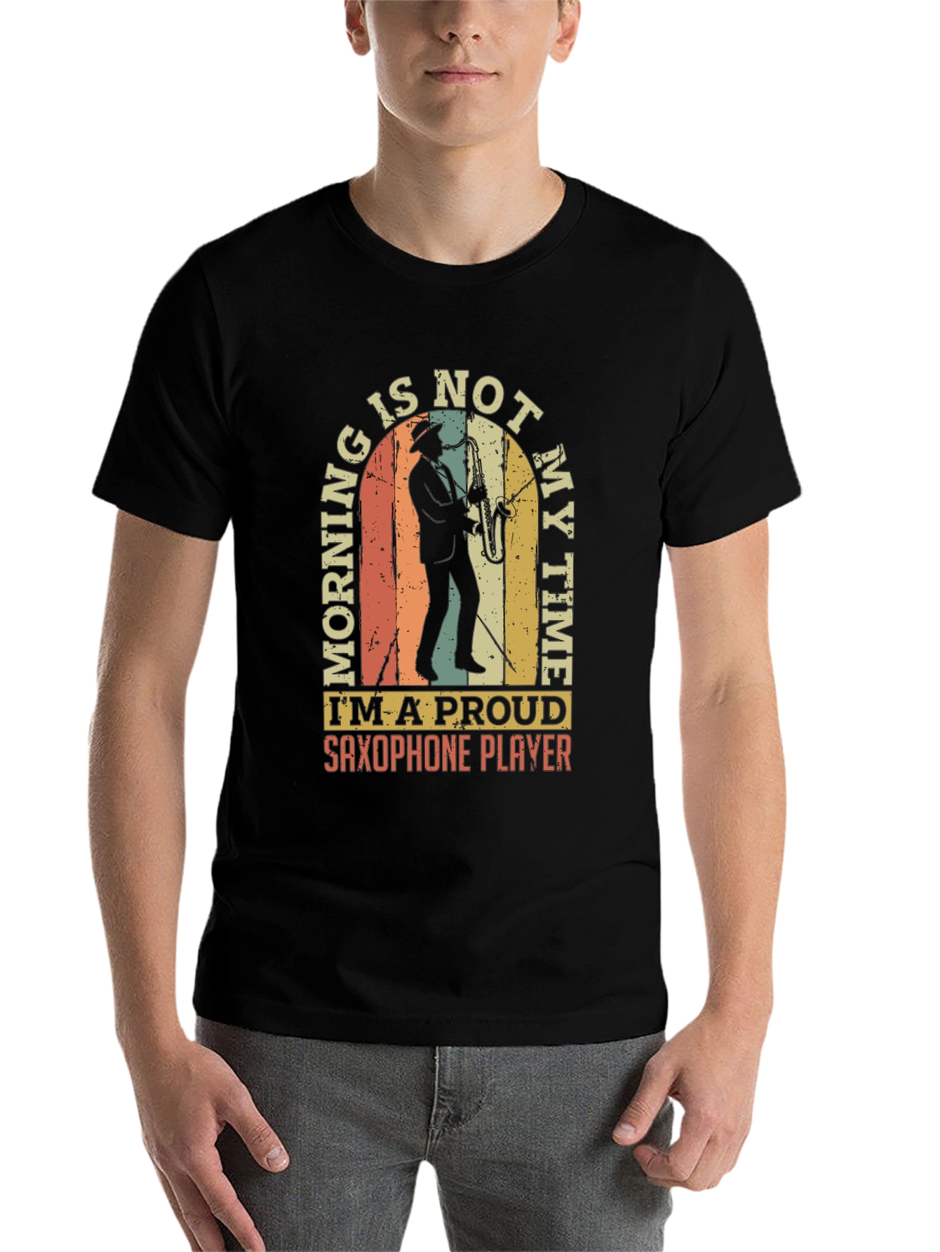 Black Saxophone Player T-Shirt - Morning is Not My Time! view 7