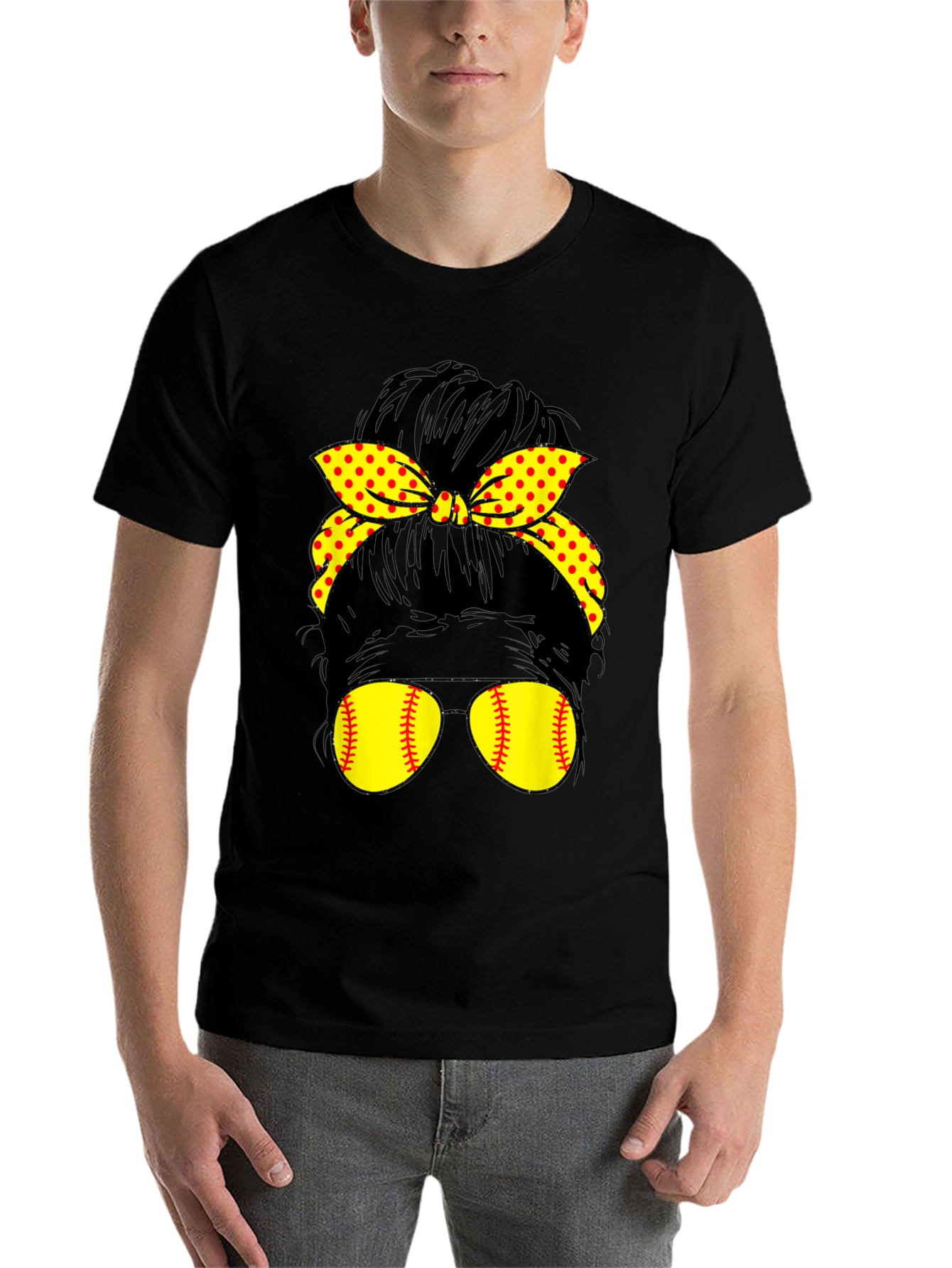 Black Softball Messy Bun Sunglasses T-Shirt view 7