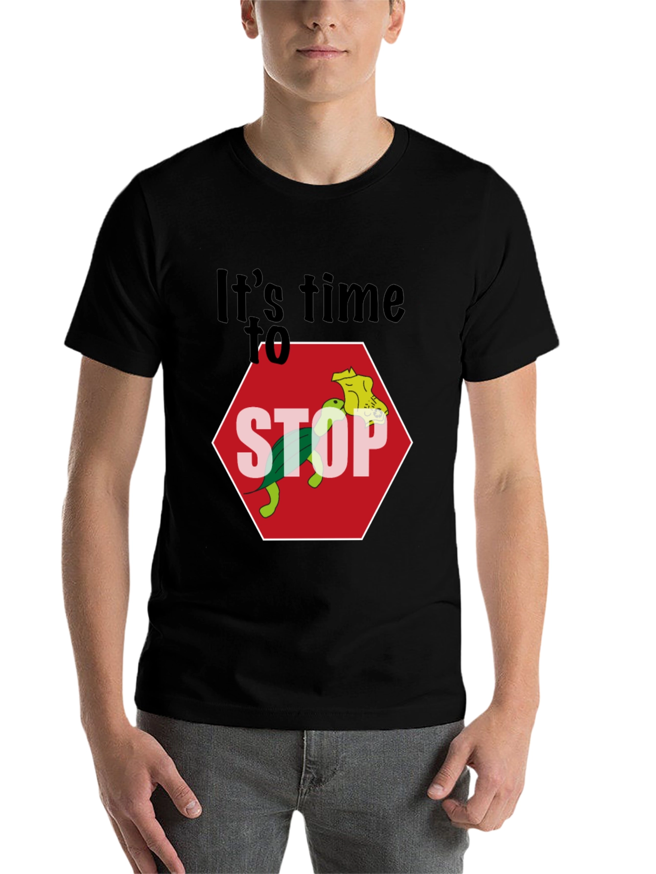 Black Humorous Turtle Stop Sign Graphic Tee view 7
