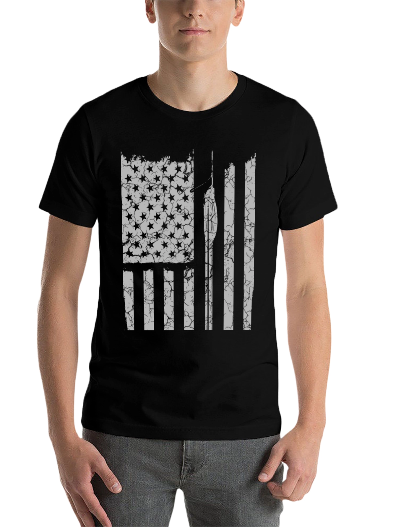 Black Distressed American Flag Spear Fishing T-Shirt view 7