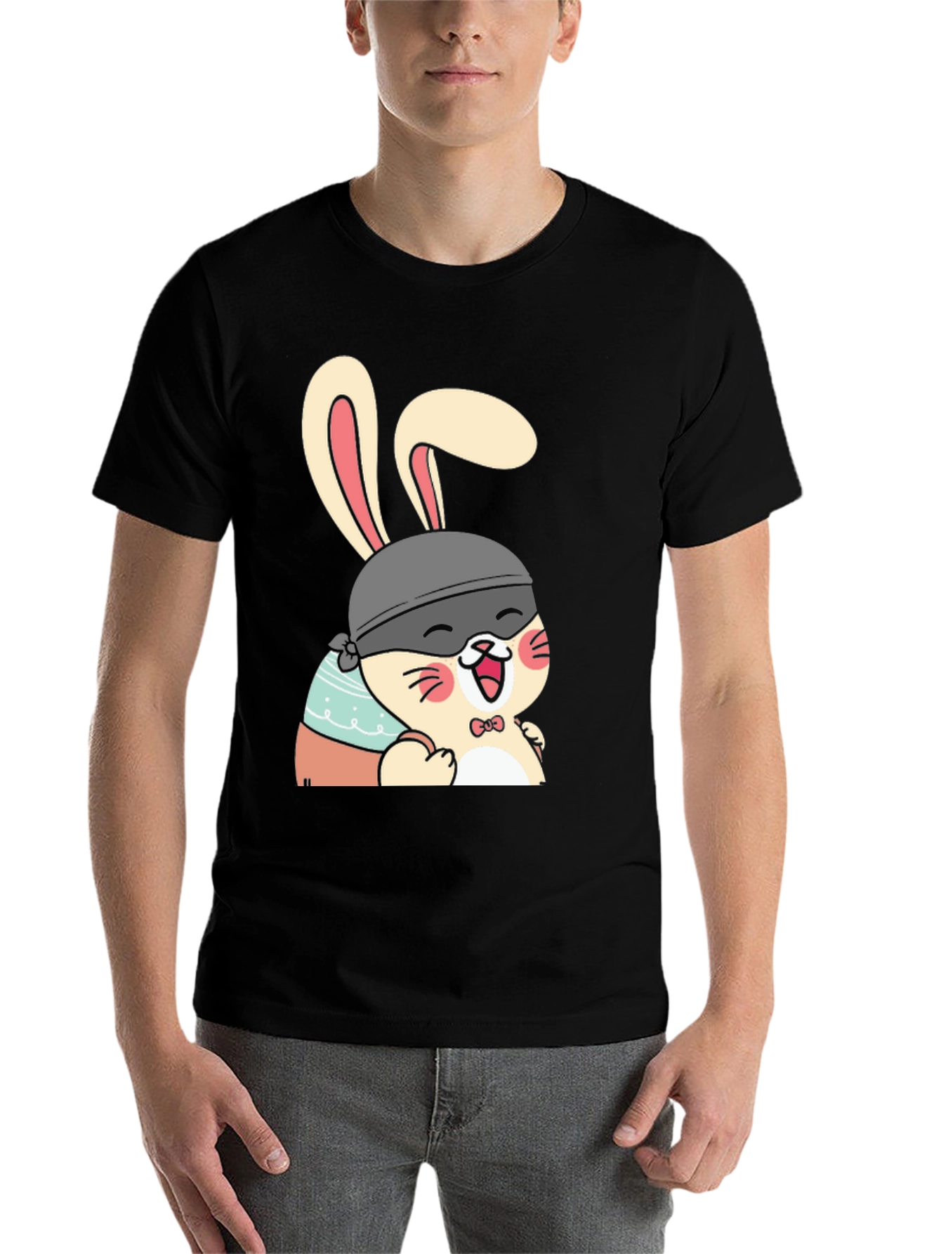 Black Cute Bunny T-Shirt - Black Cotton Tee view 7