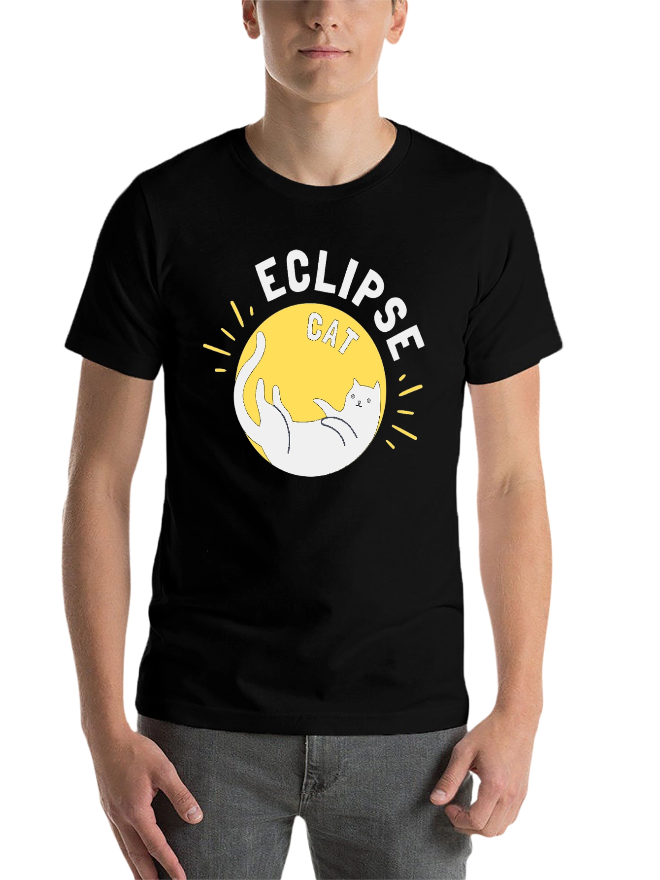 Black Eclipse Cat Graphic T-Shirt - Black Cotton Tee view 7