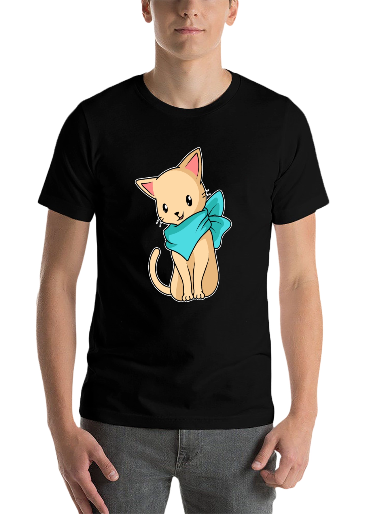 Black Cute Cartoon Cat Graphic Tee - Black Unisex Shirt view 7