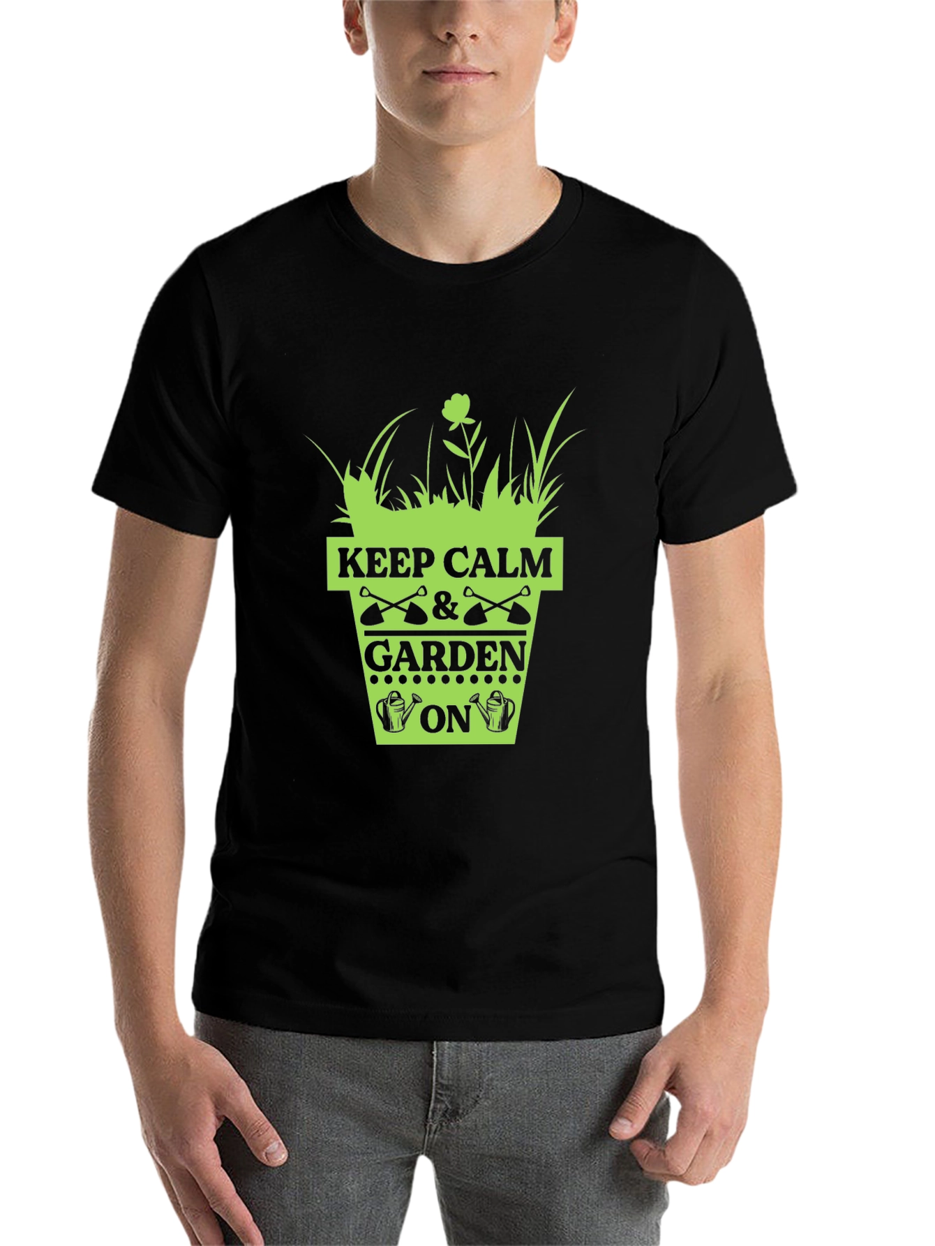 Black Keep Calm & Garden On T-Shirt - Gardening Humor view 7