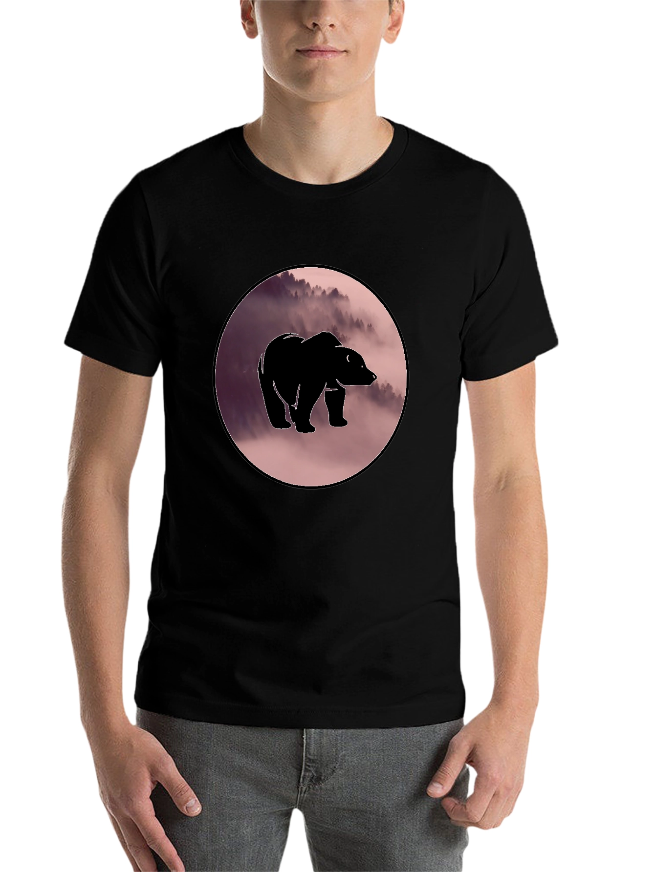 Black Bear Silhouette Graphic Print Crew Neck T-Shirt view 7