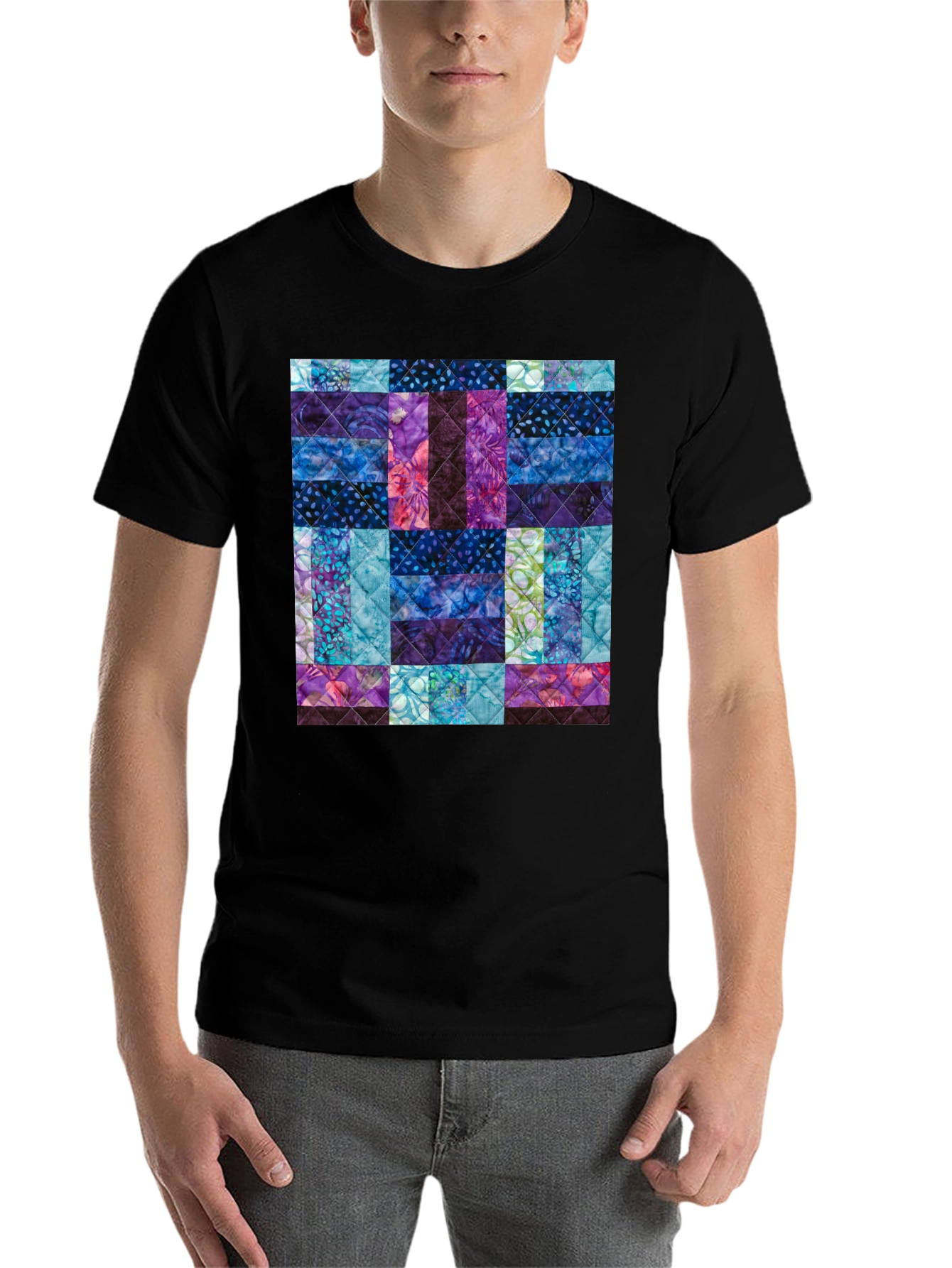 Black Quilted Pattern T-Shirt - Modern Abstract Design view 7