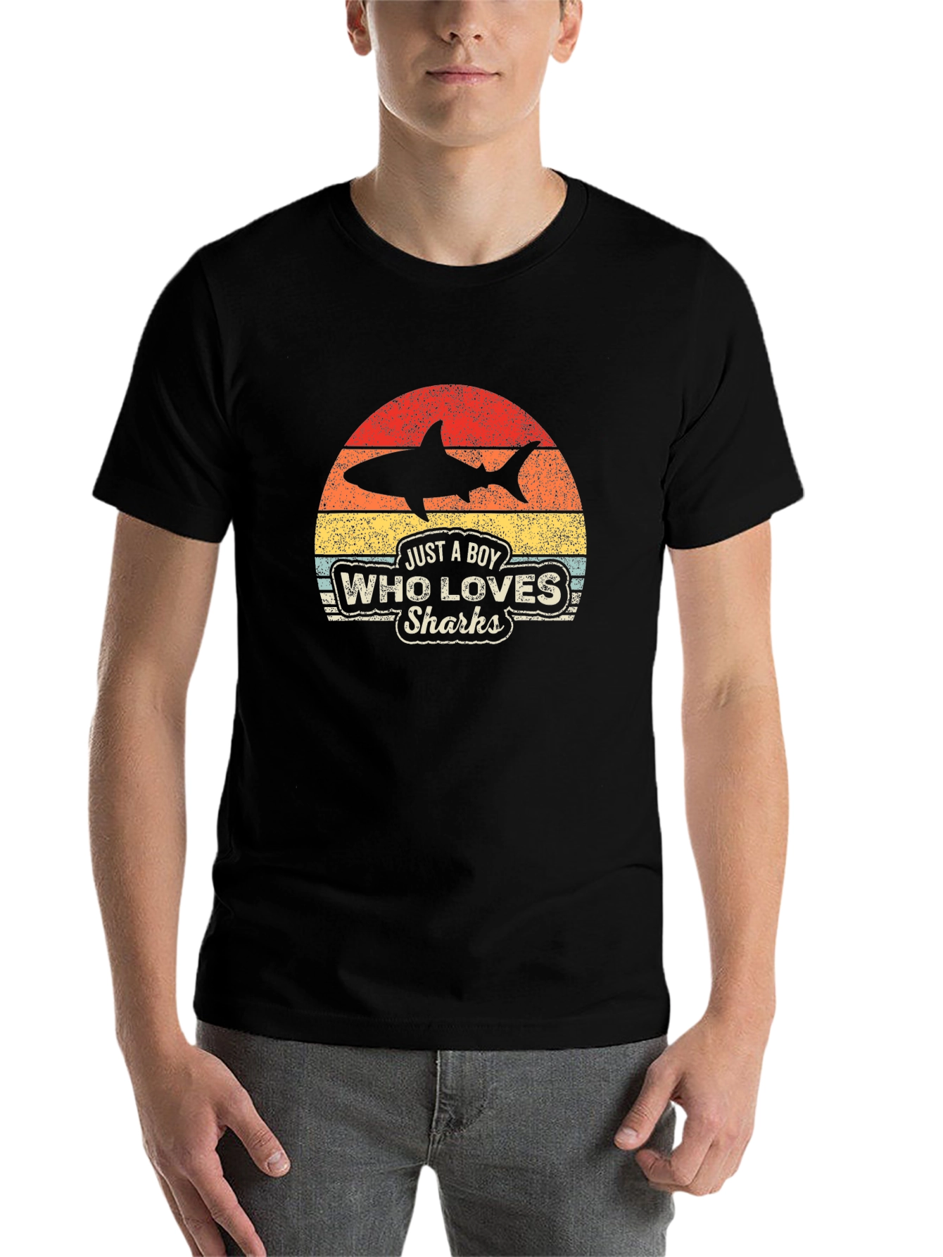 Black Boy Who Loves Sharks Black T-Shirt - Retro Style view 7