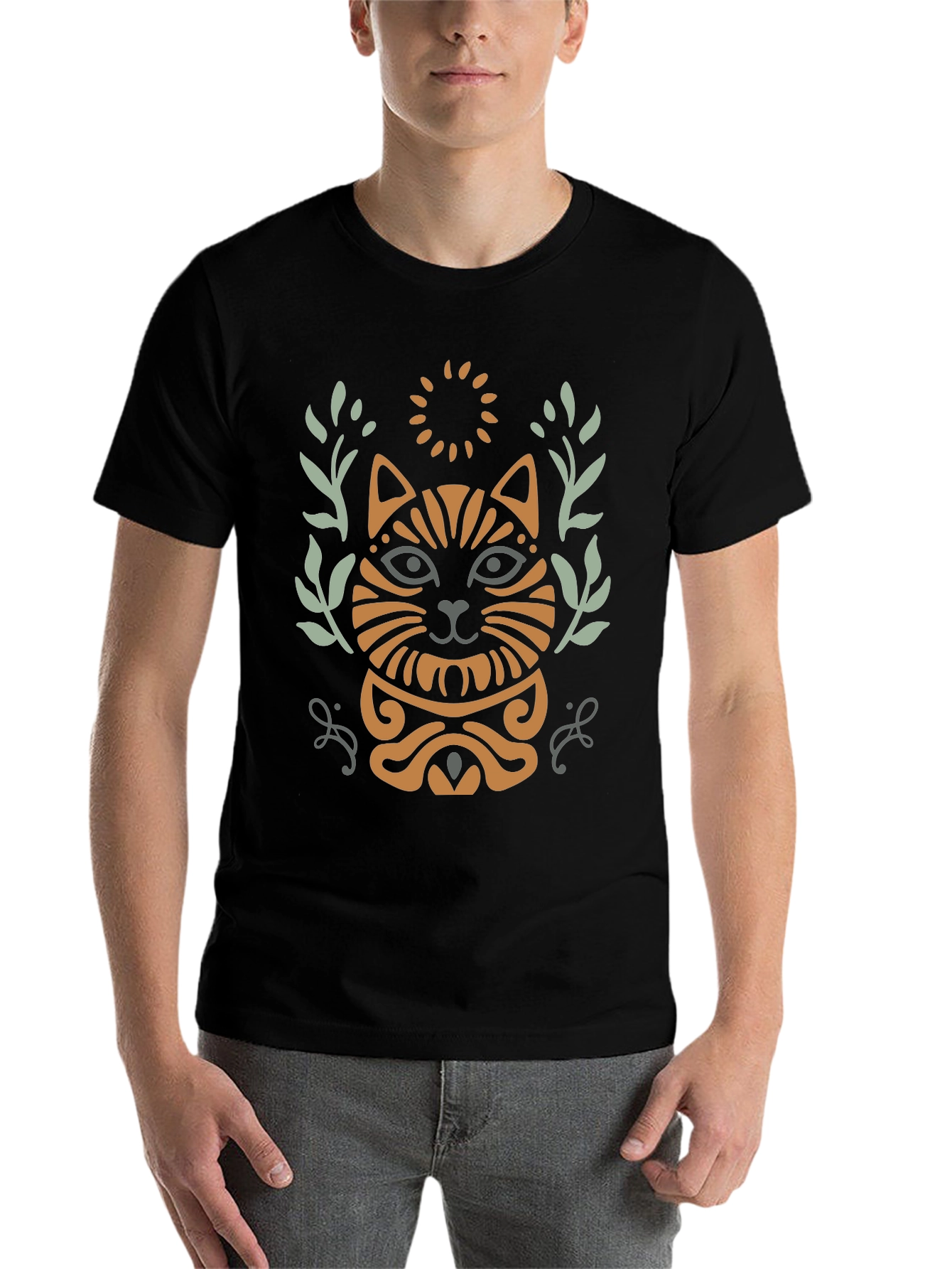 Black Stylish Cat Graphic Print Black T-Shirt view 7