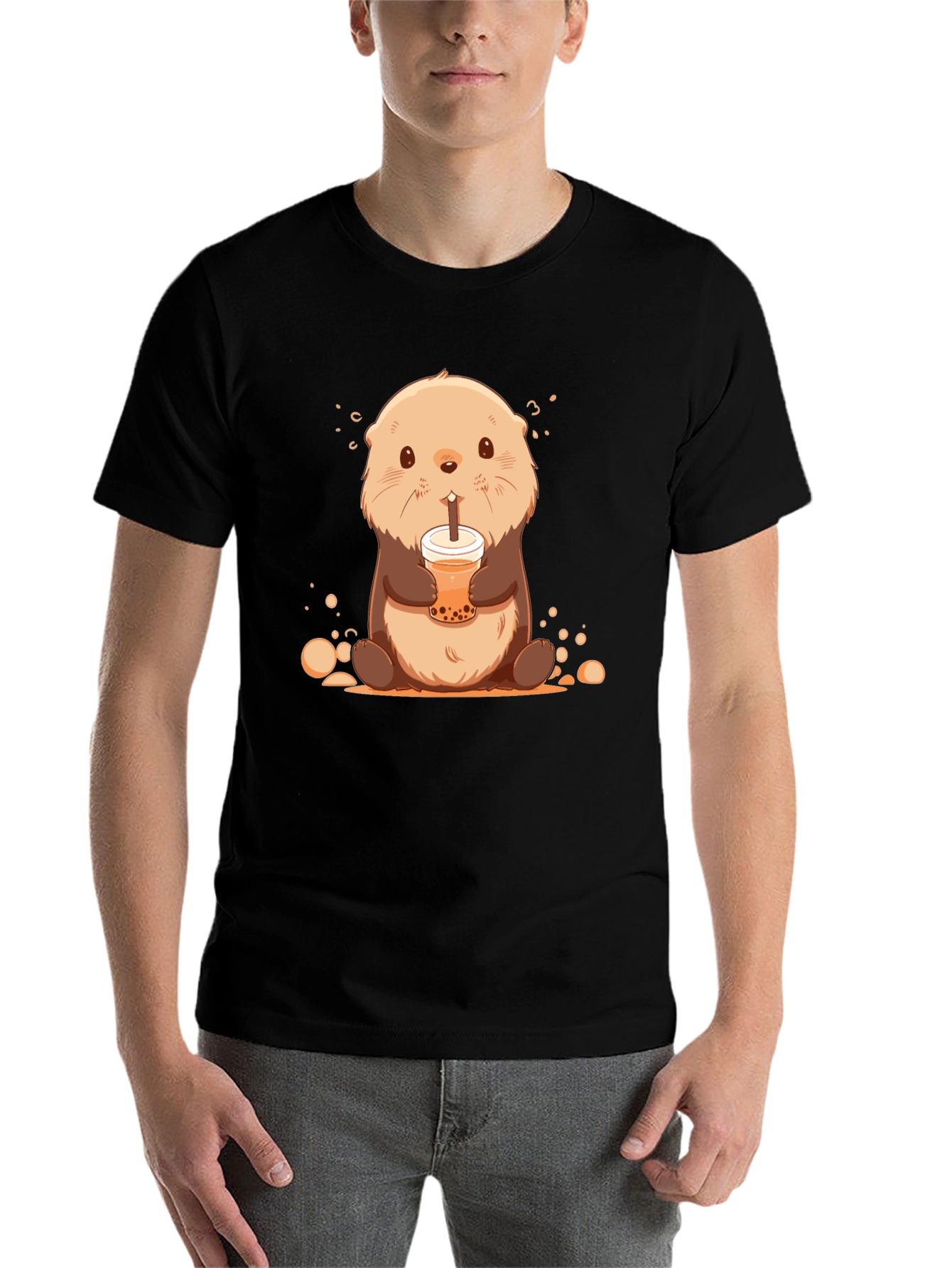 Black Cute Otter Bubble Tea Graphic T-Shirt view 7