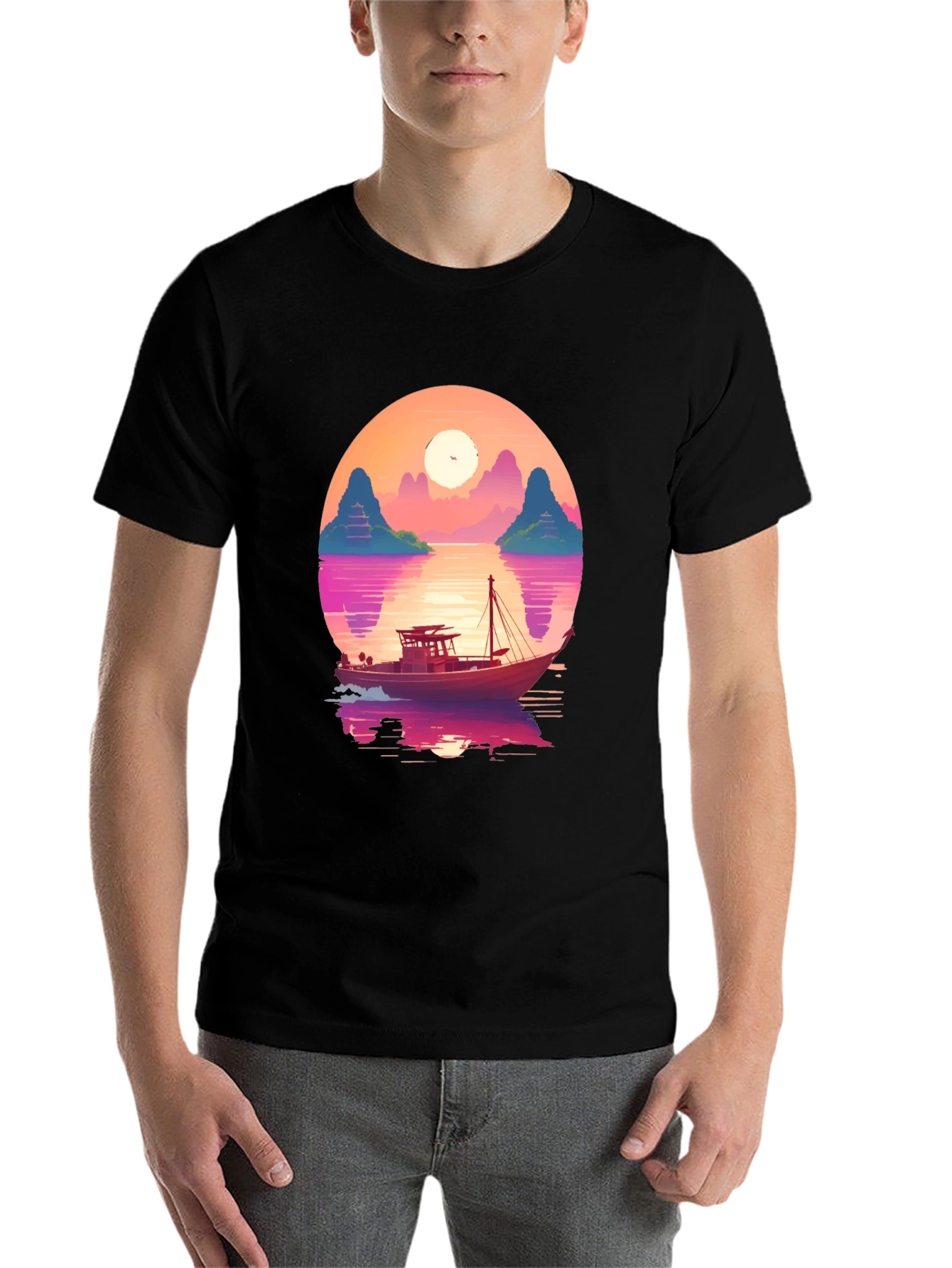 Black Sunset Boat Graphic Tee - Retro Style view 7