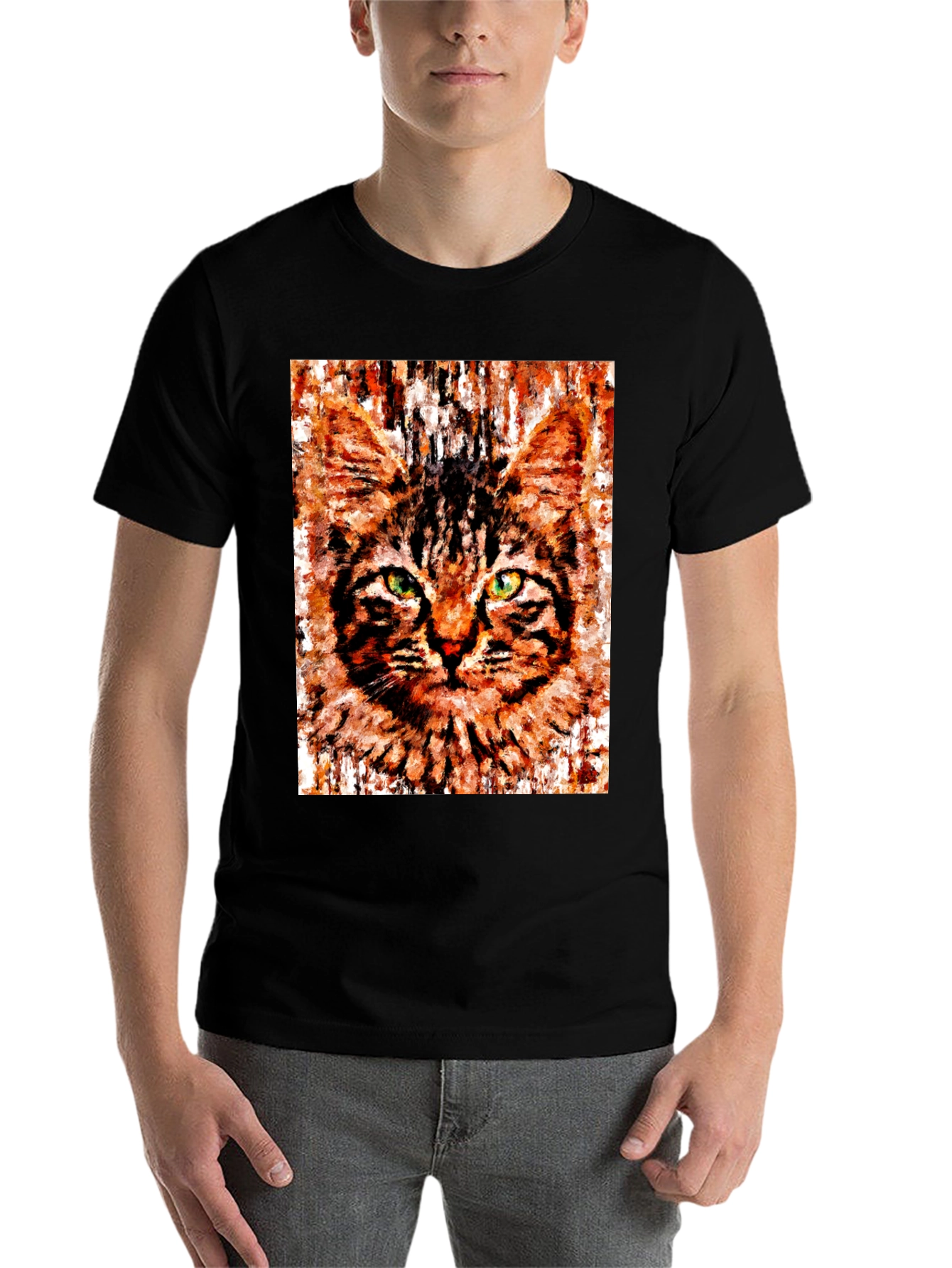 Black Abstract Cat Portrait Graphic T-Shirt view 7