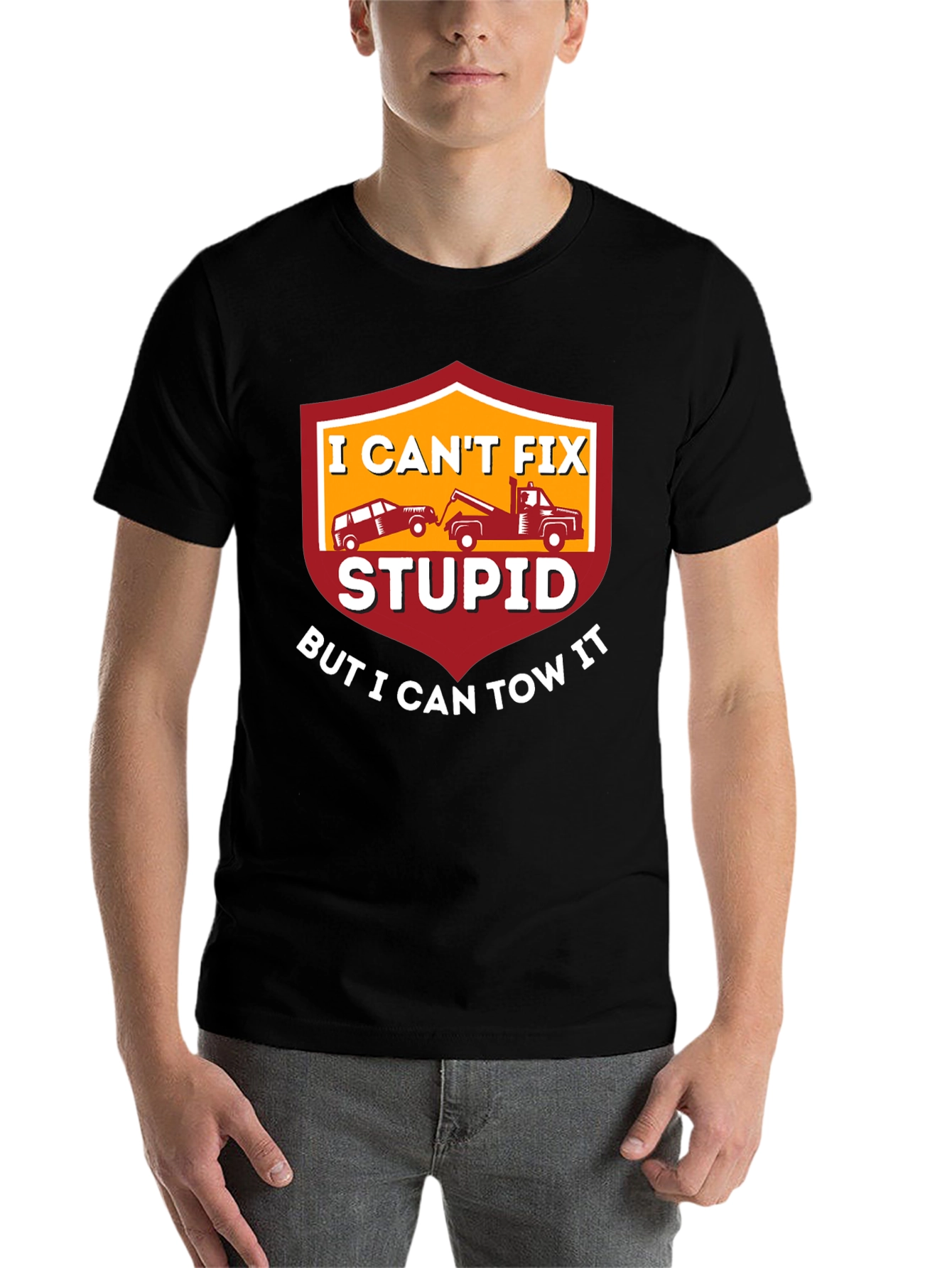 Black I Can't Fix Stupid Tow Truck T-Shirt view 7