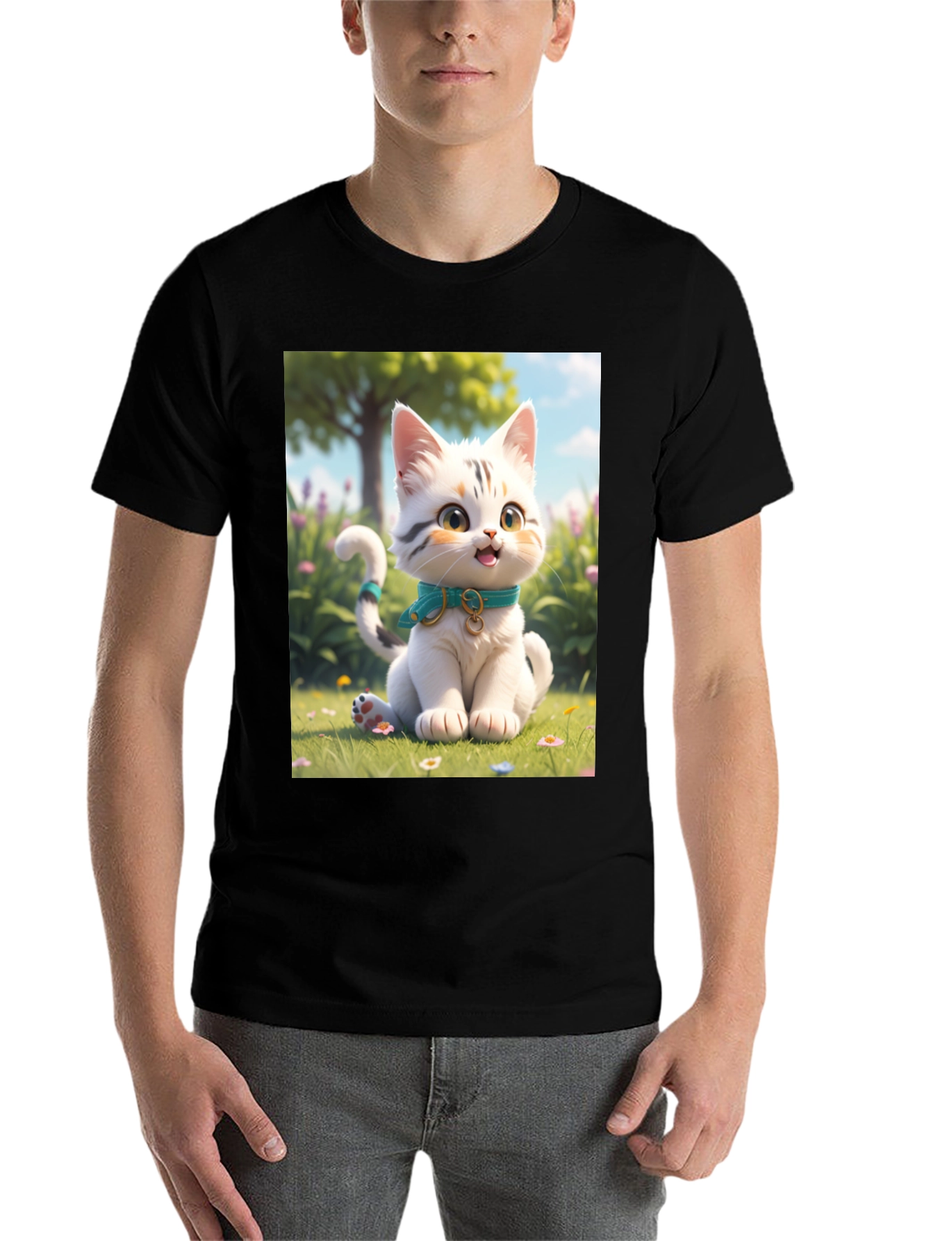 Black Cute Cartoon Cat T-Shirt view 7