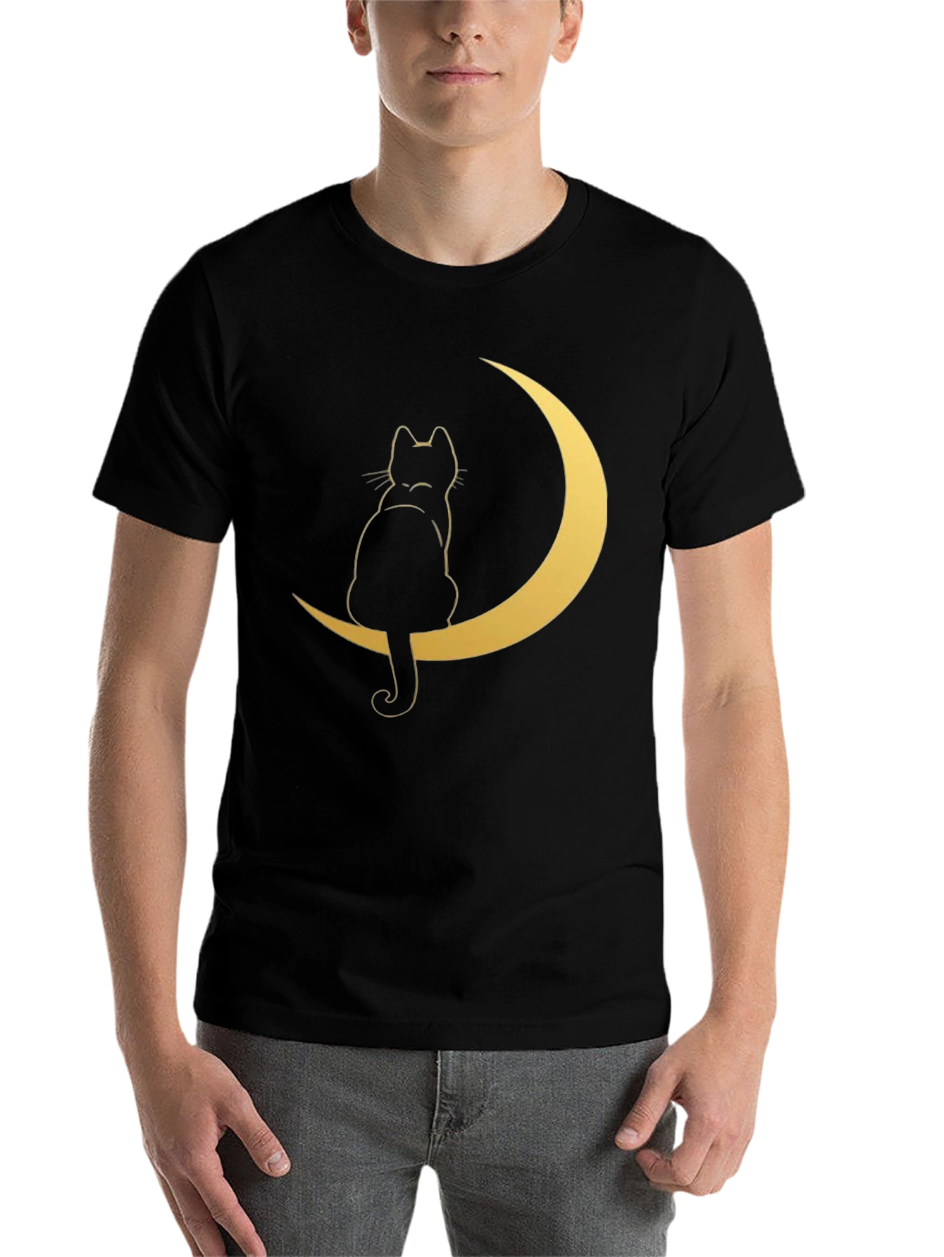 Black Cat on Moon Graphic Tee - Stylish Black T-Shirt view 7