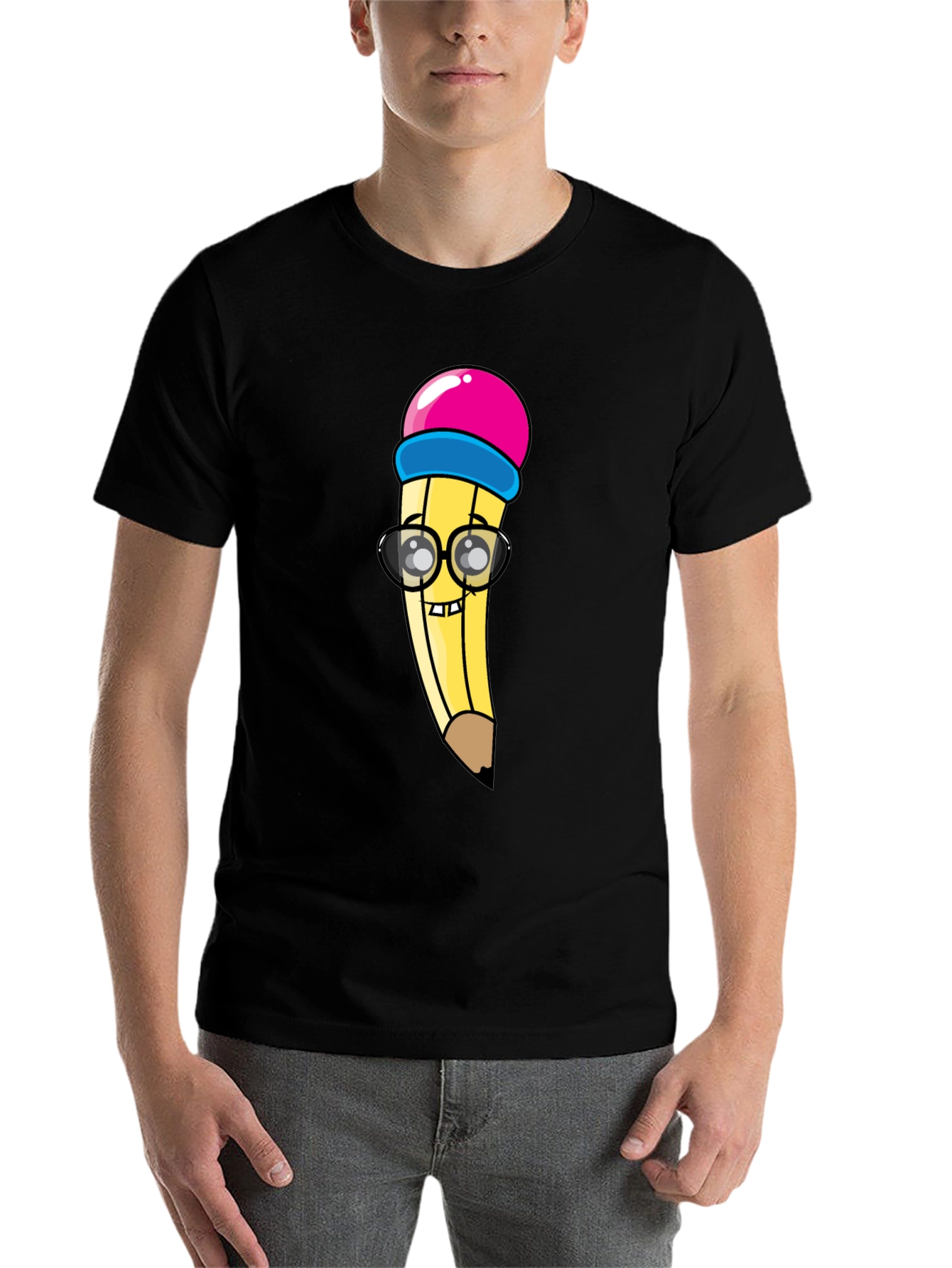 Black Cartoon Pencil Graphic Tee - Black Cotton Blend view 7