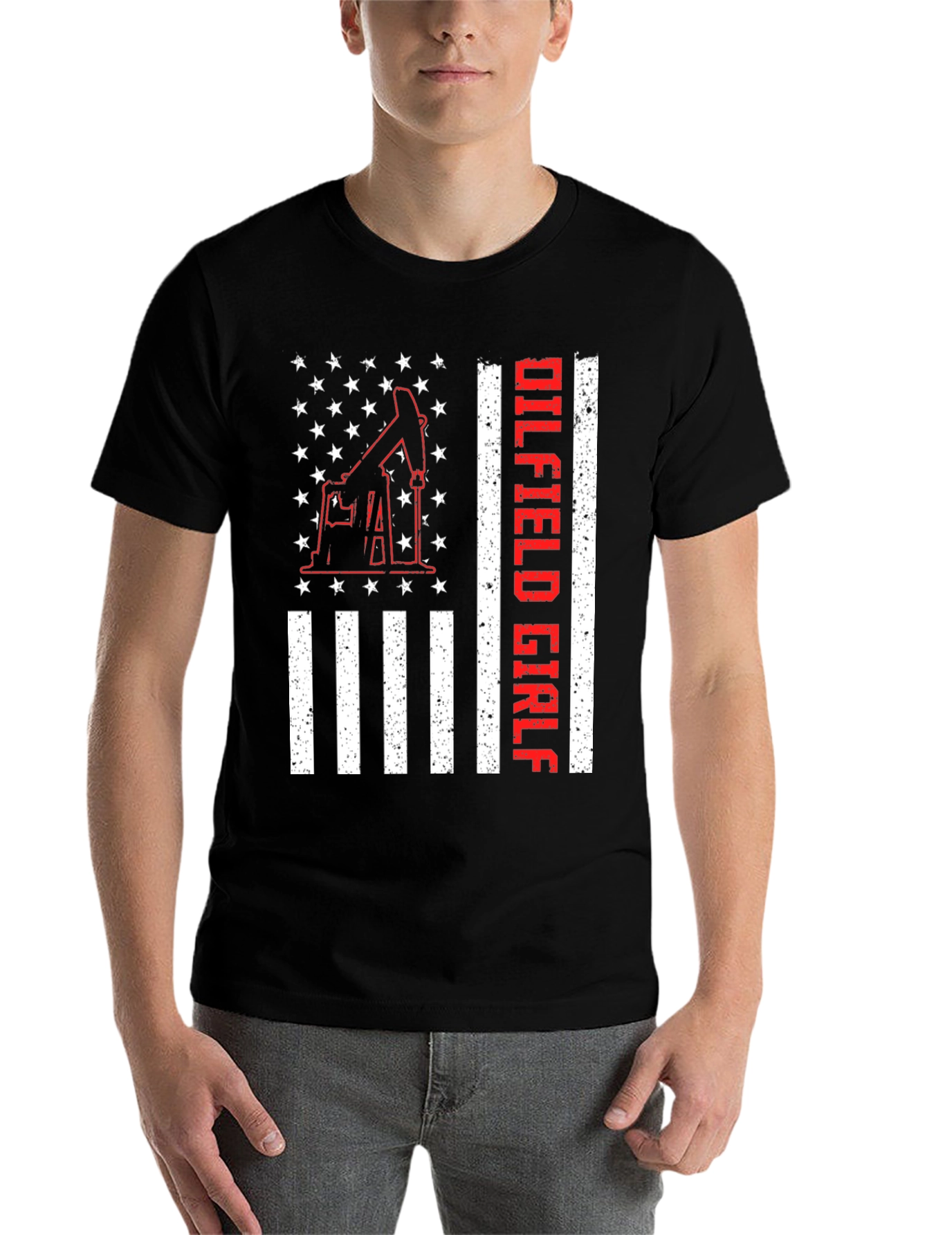 Black Oilfield Girl T-Shirt - American Flag Design view 7