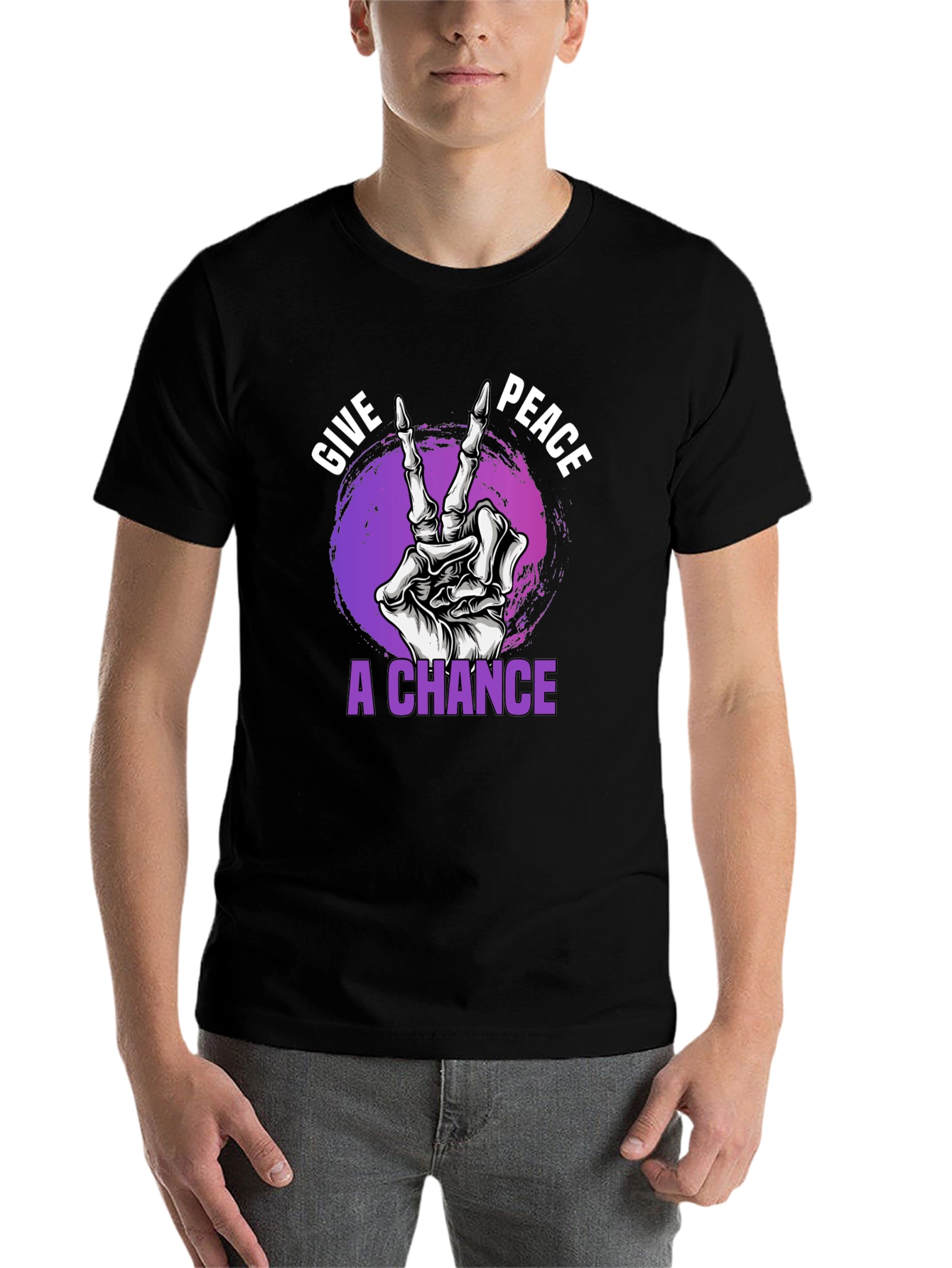 Black Give Peace A Chance Skeleton Hand Graphic T-Shirt view 7